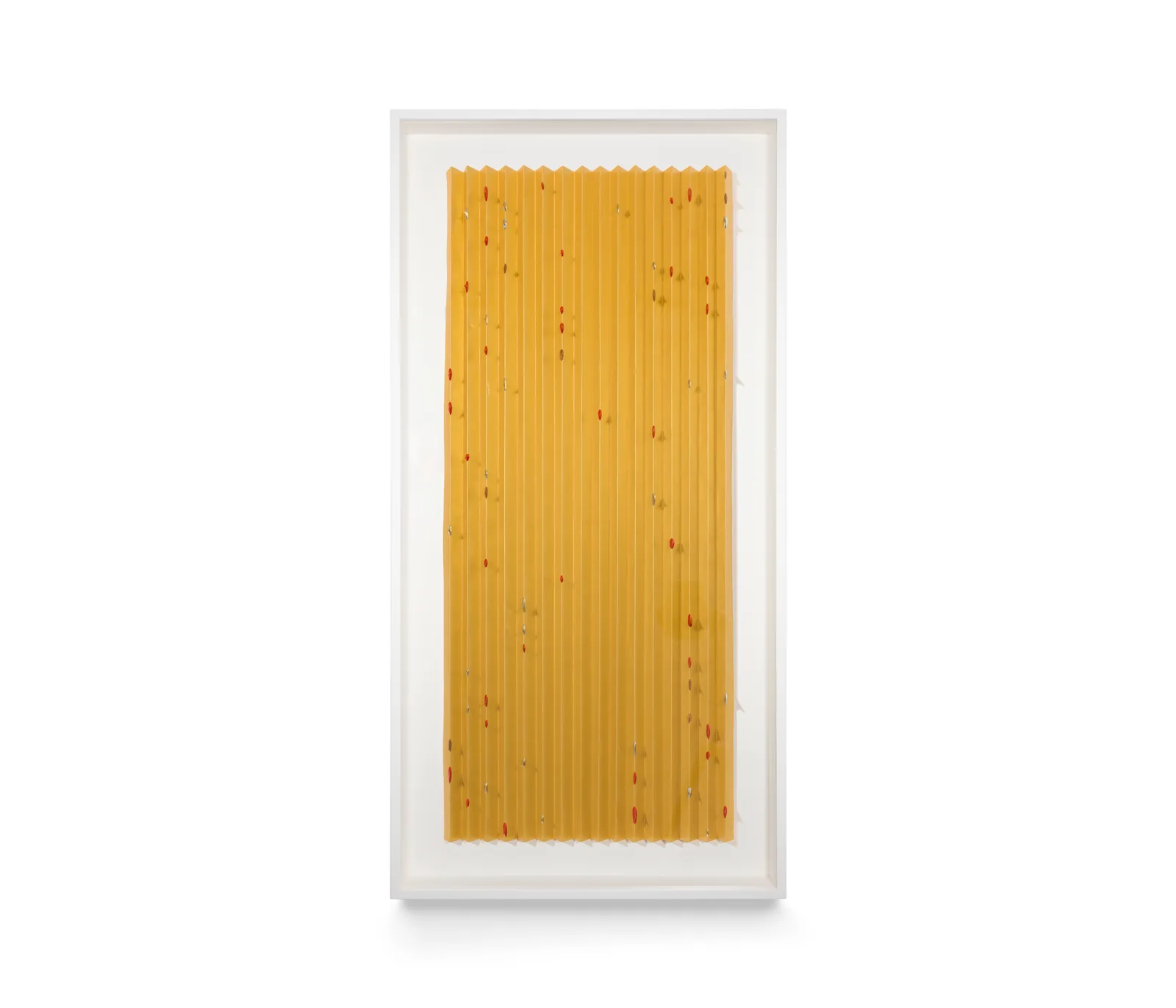 Artwork by Alice Channer, pleated gold paper with silver and red metalised thorns fixed throughout