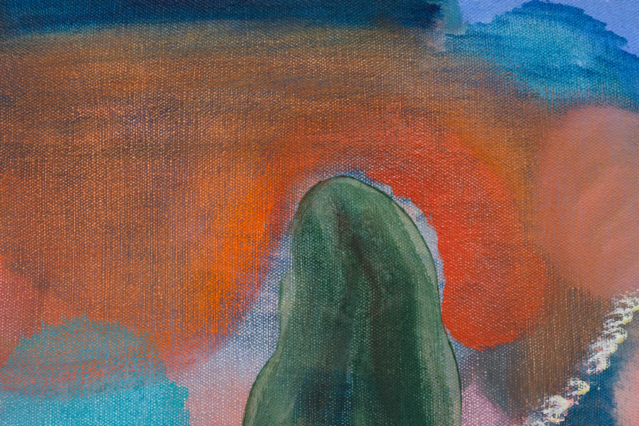 A painting by Amy Winstanley of a green form in a vivid abstract background