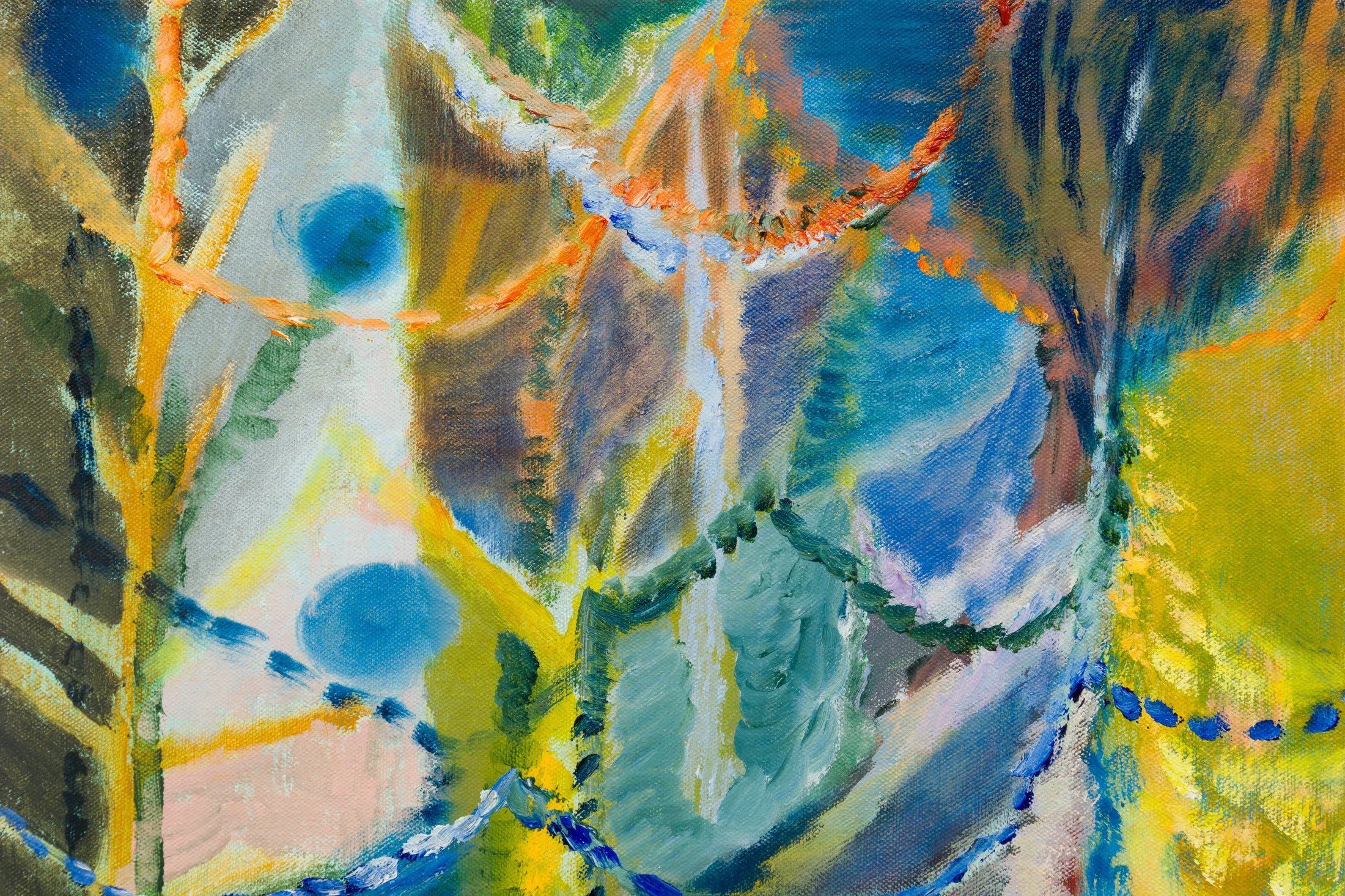 A painting by Amy Winstanley of organic forms in a vivid abstract landscape