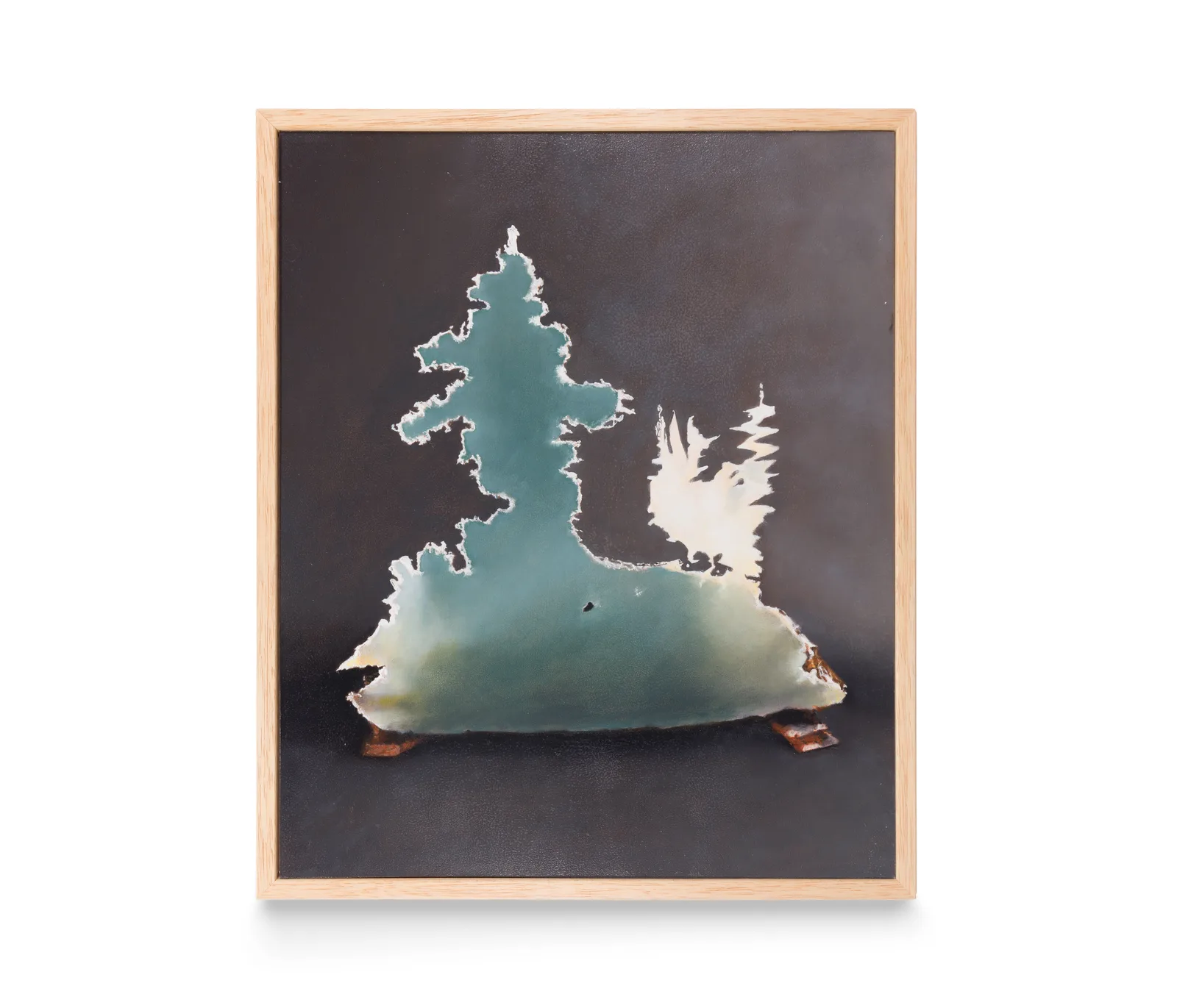 a painting of a two dimensional jagged shard of metal, propped up on a dark background