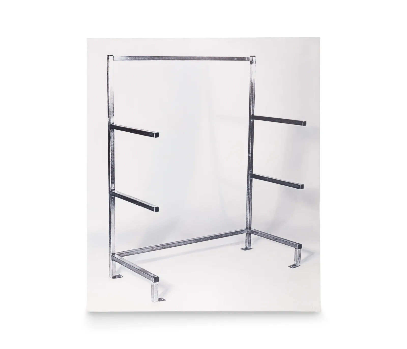 A painting of an unadorned metal frame on a white background