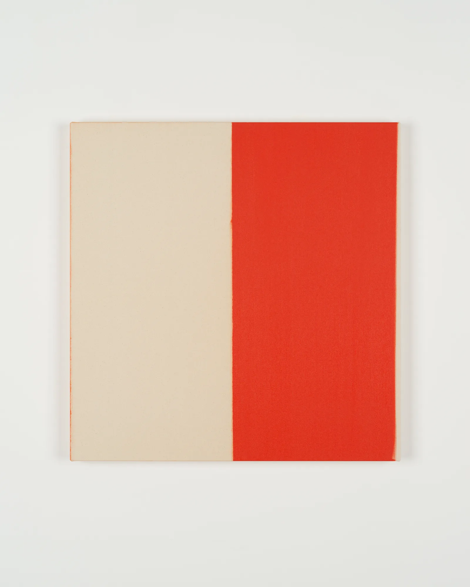 Painting by Callum Innes, one side raw canvas, the other bright orange