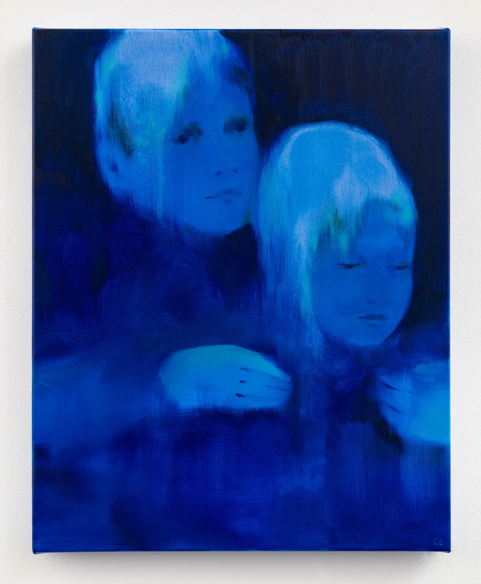 Painting by Cathleen Clarke of two people in blue tone
