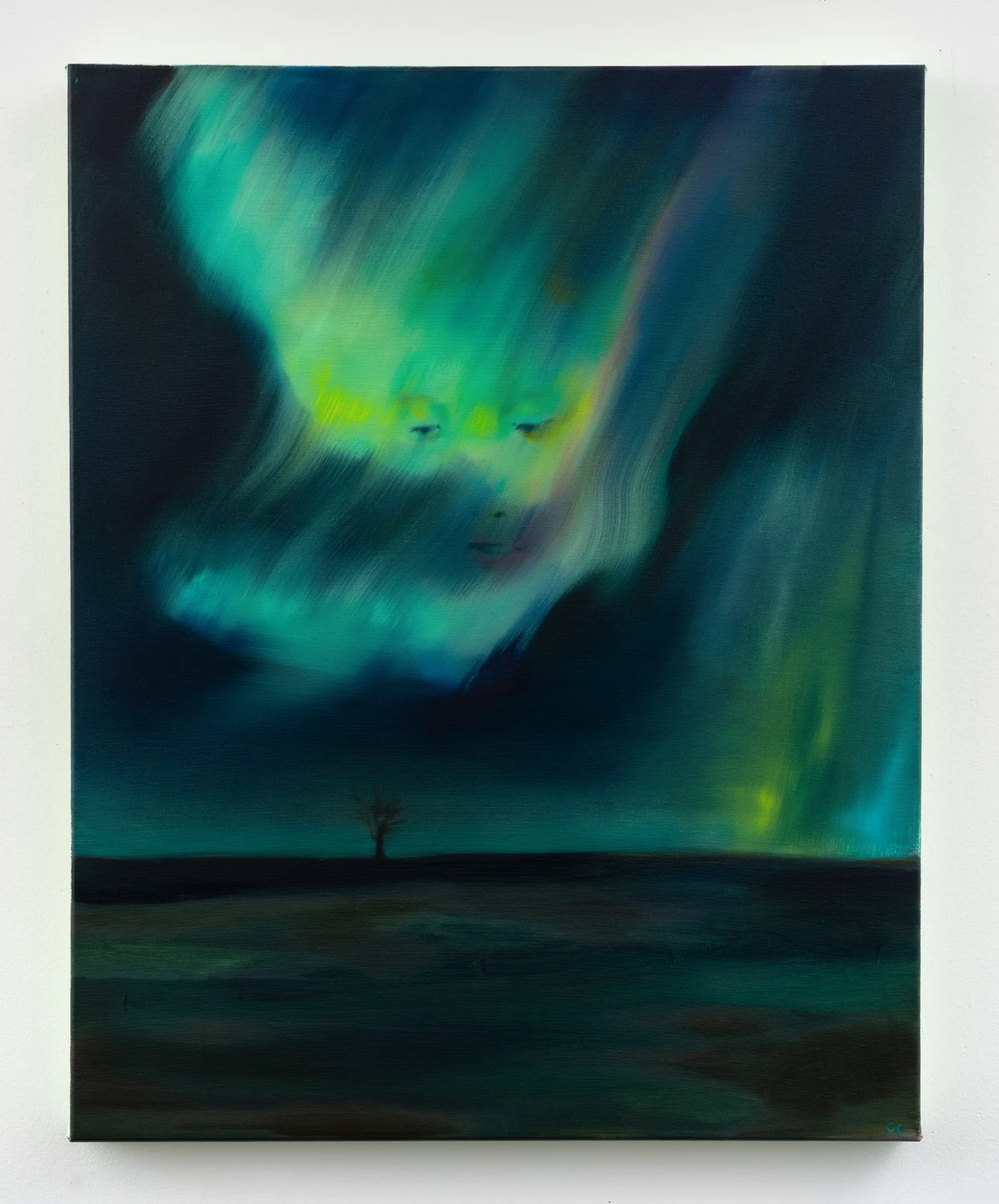 Painting by Cathleen Clarke of Northern lights with a face in