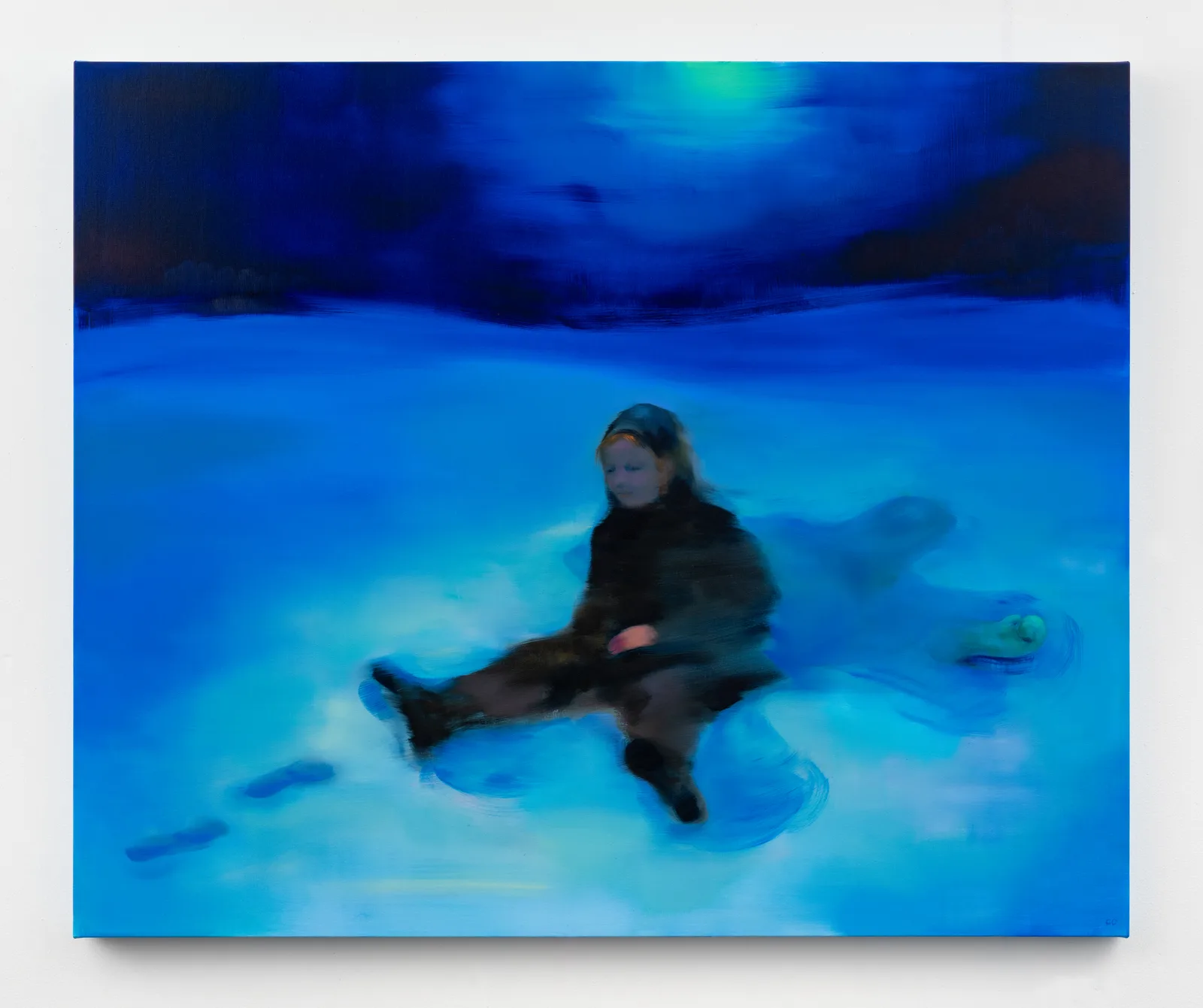 Painting by Cathleen Clarke of a person sitting in the snow in blue