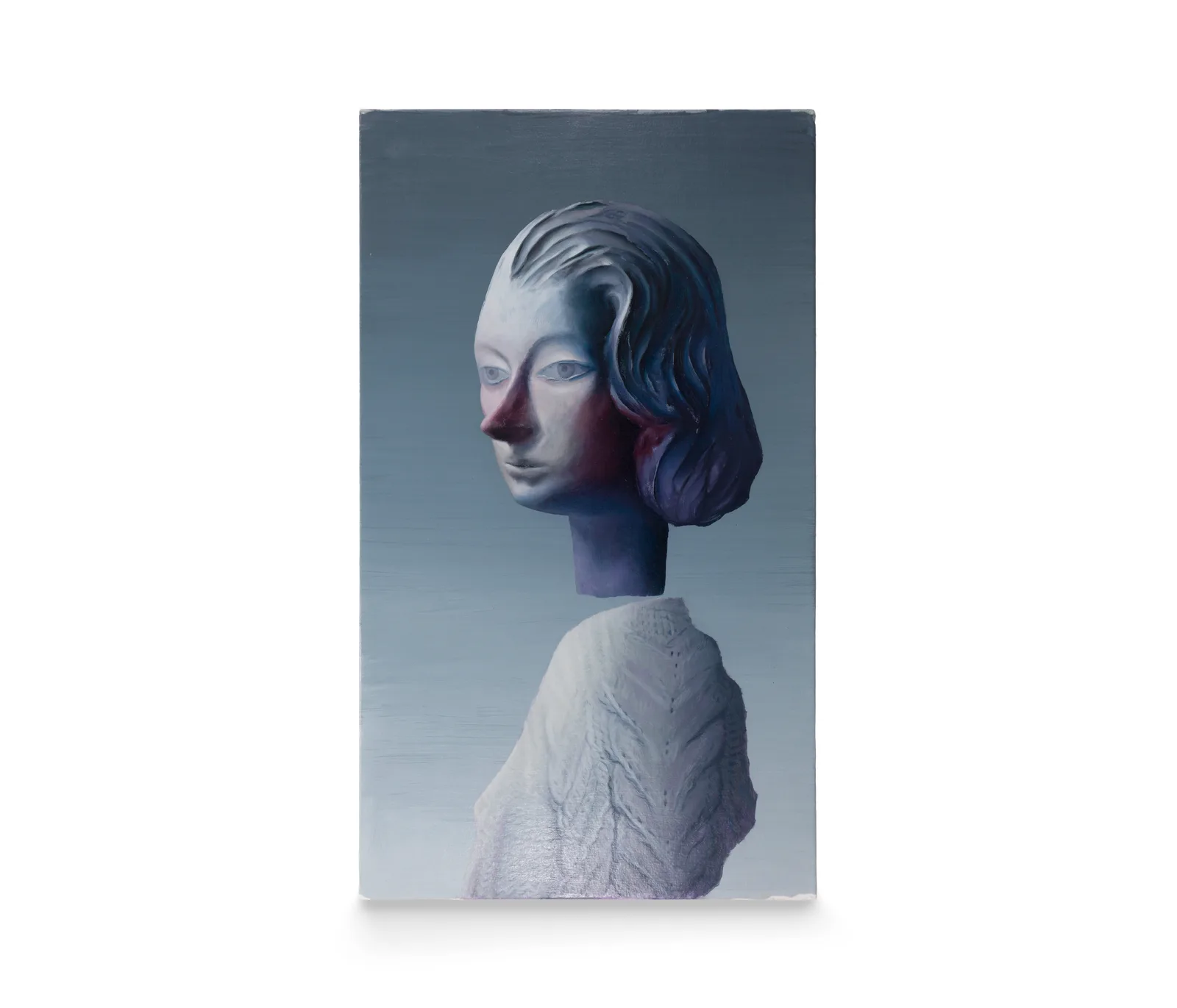 A painting by Damien Meade of a woman seemingly made of a clay like substance, her head floating above her body