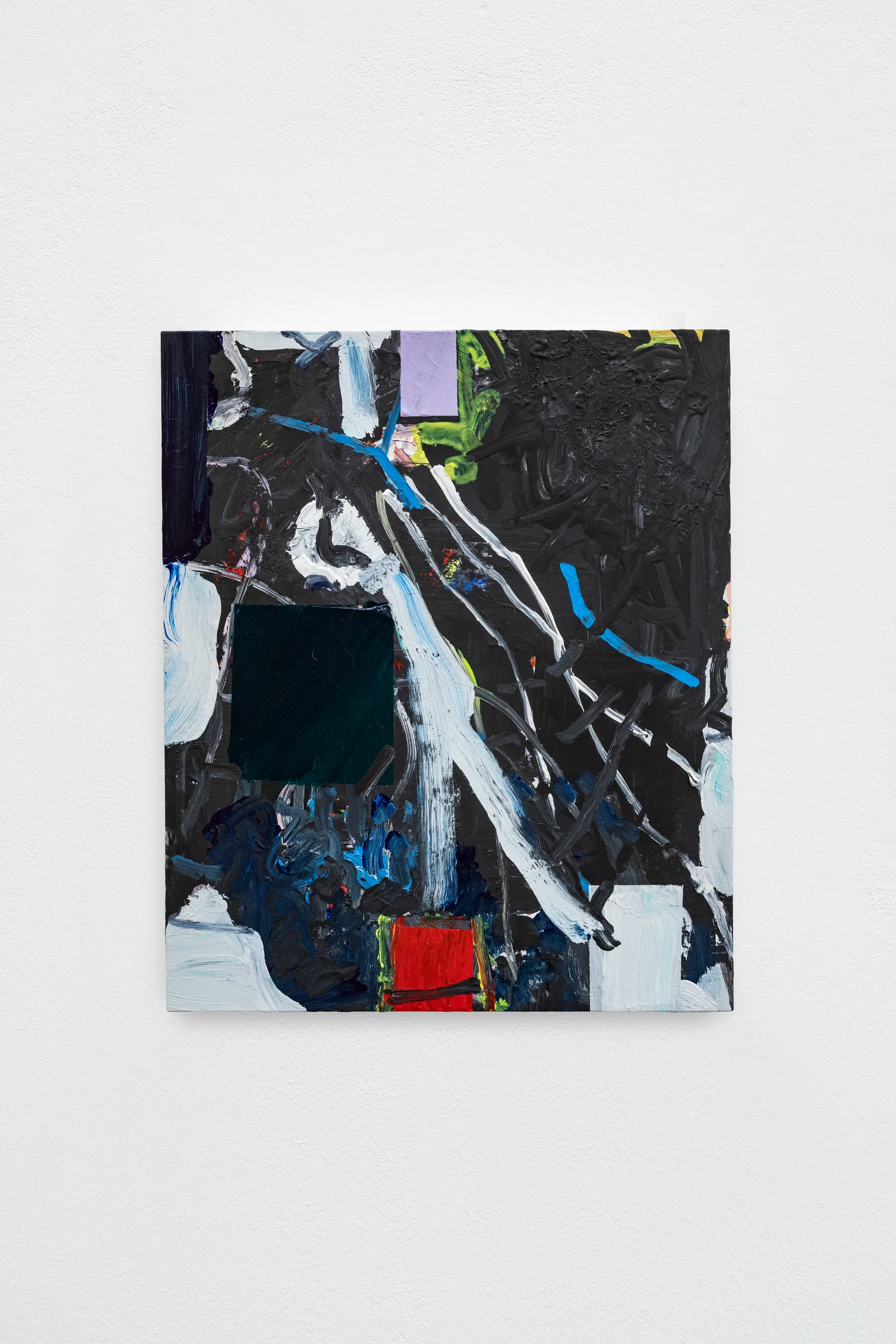 Painting by Hayley Tompkins, abstract with black, blue, white and red shapes