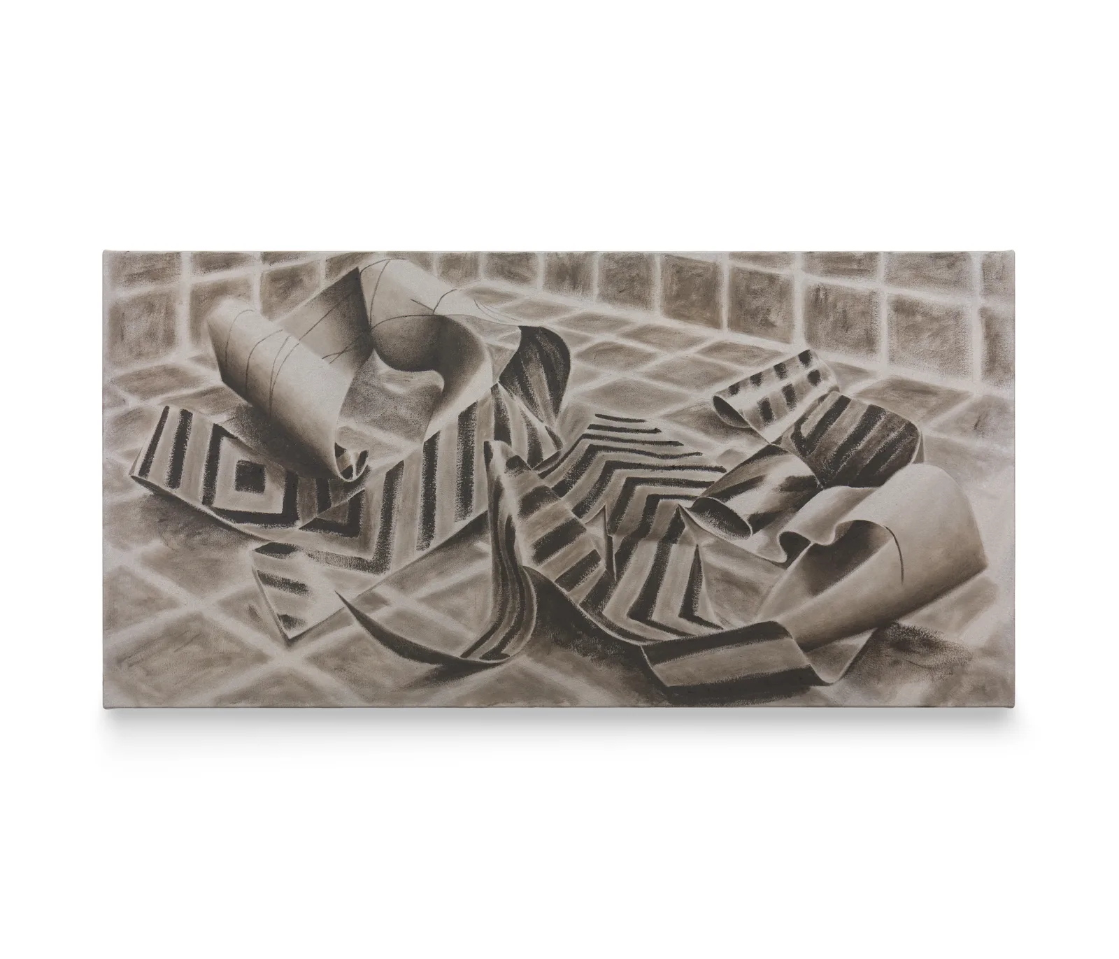 A painting by Jack Otway of a gridded room with a torn up striped artwork in it