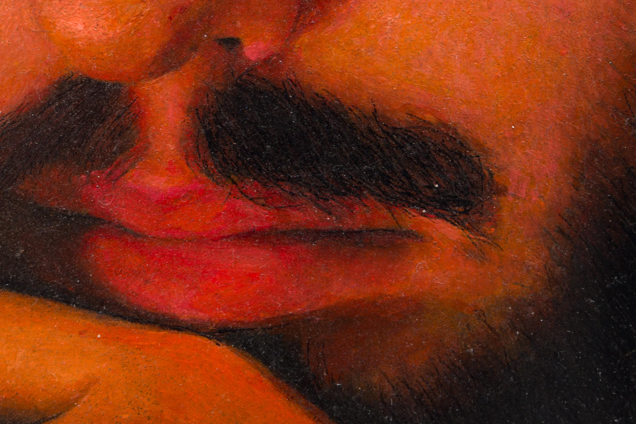 A painting by Ki Yoong of the closeup of a man's face in a metal frame