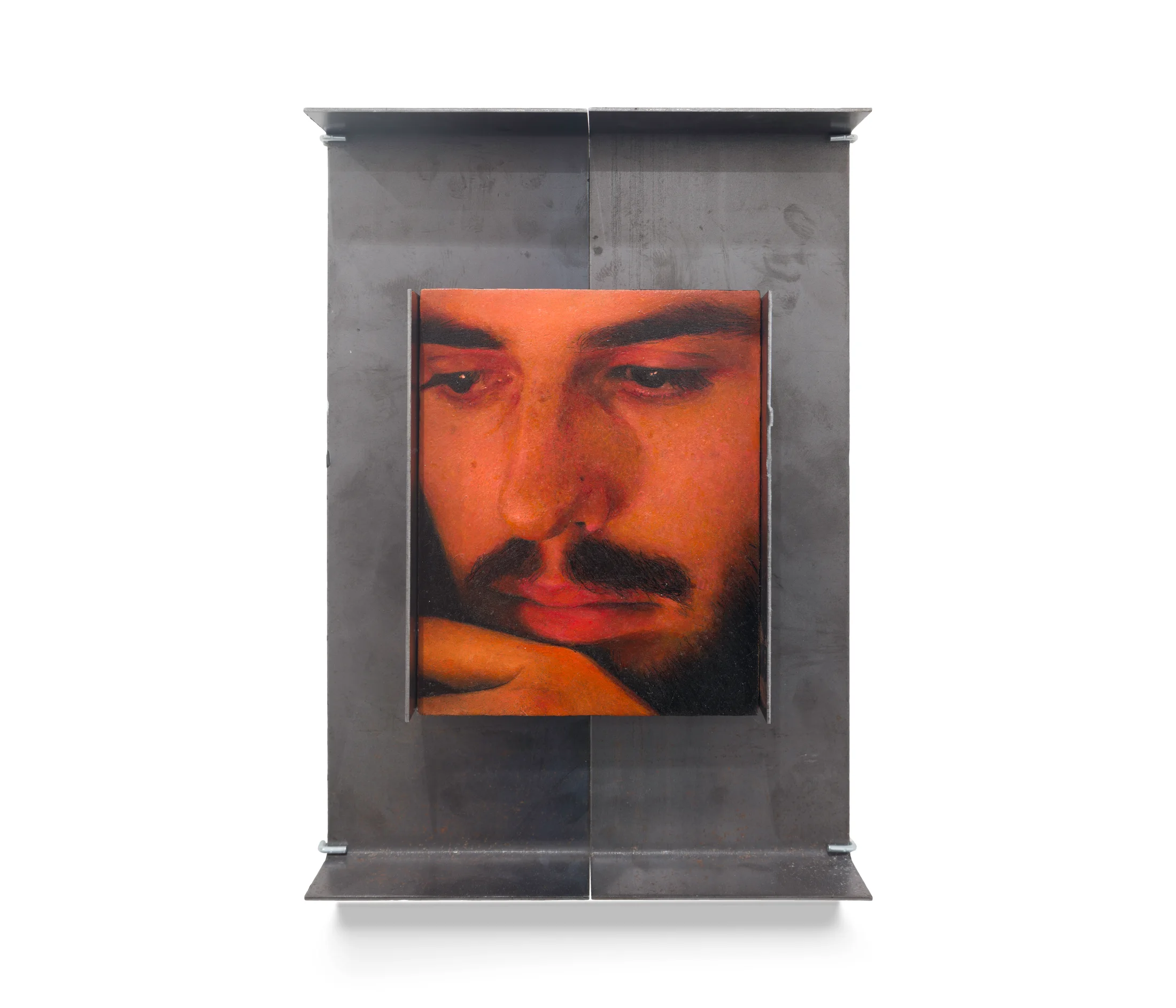 A painting by Ki Yoong of the closeup of a man's face in a metal frame