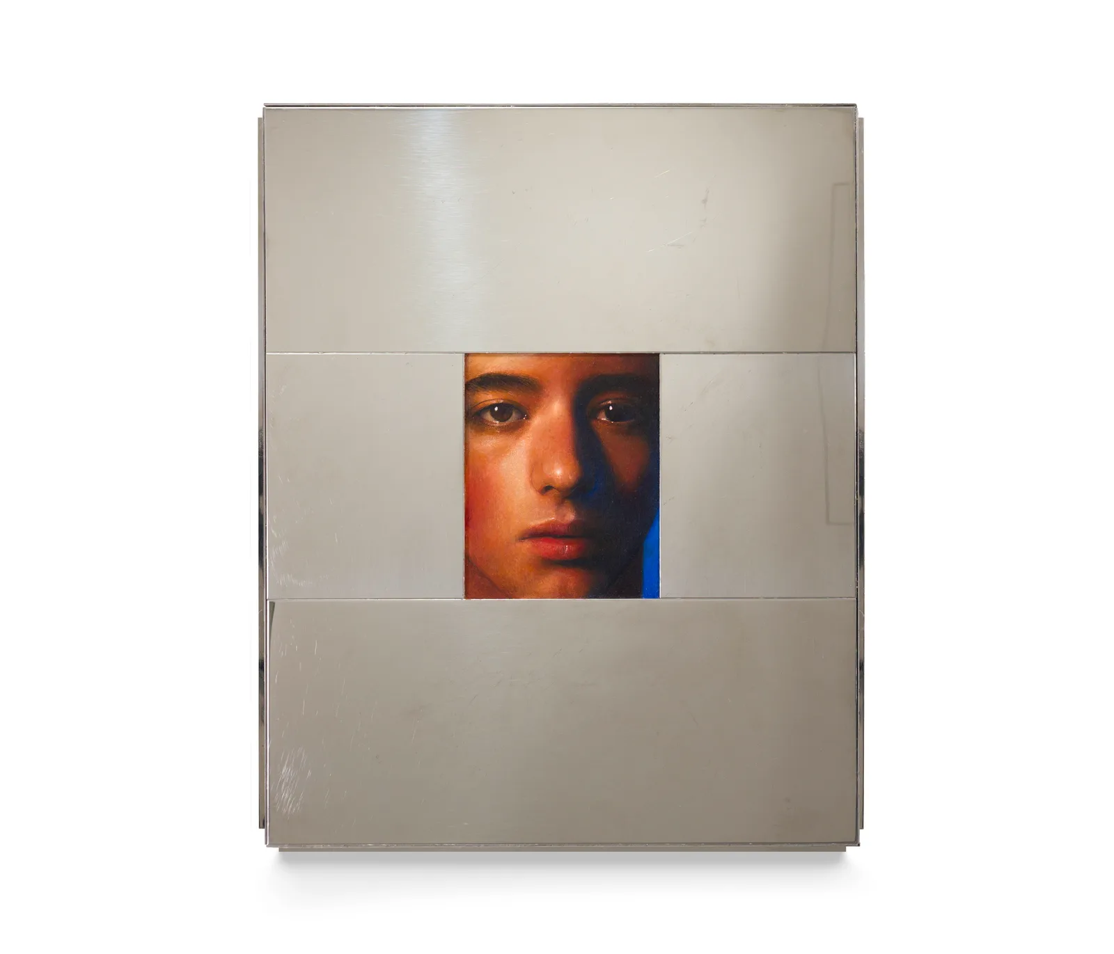 A painting of a boy by Ki Yoong, surrounded by mirror finish steel