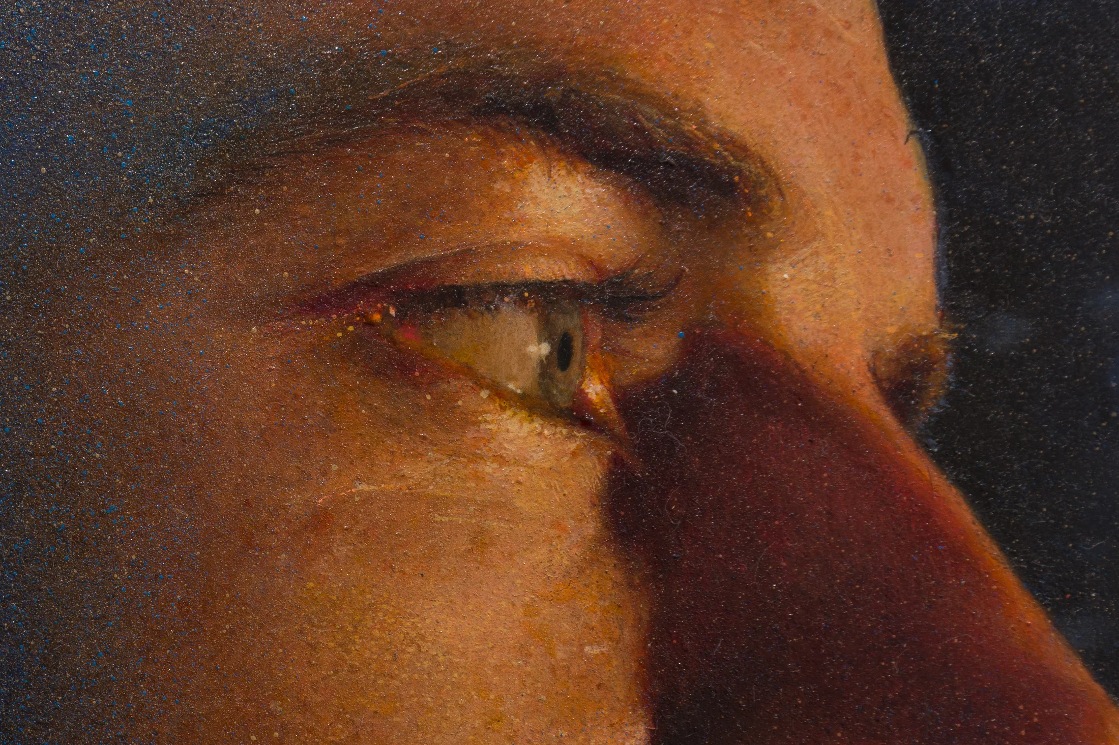A painting by Ki Yoong of the closeup of the side of a man's face in a metal frame