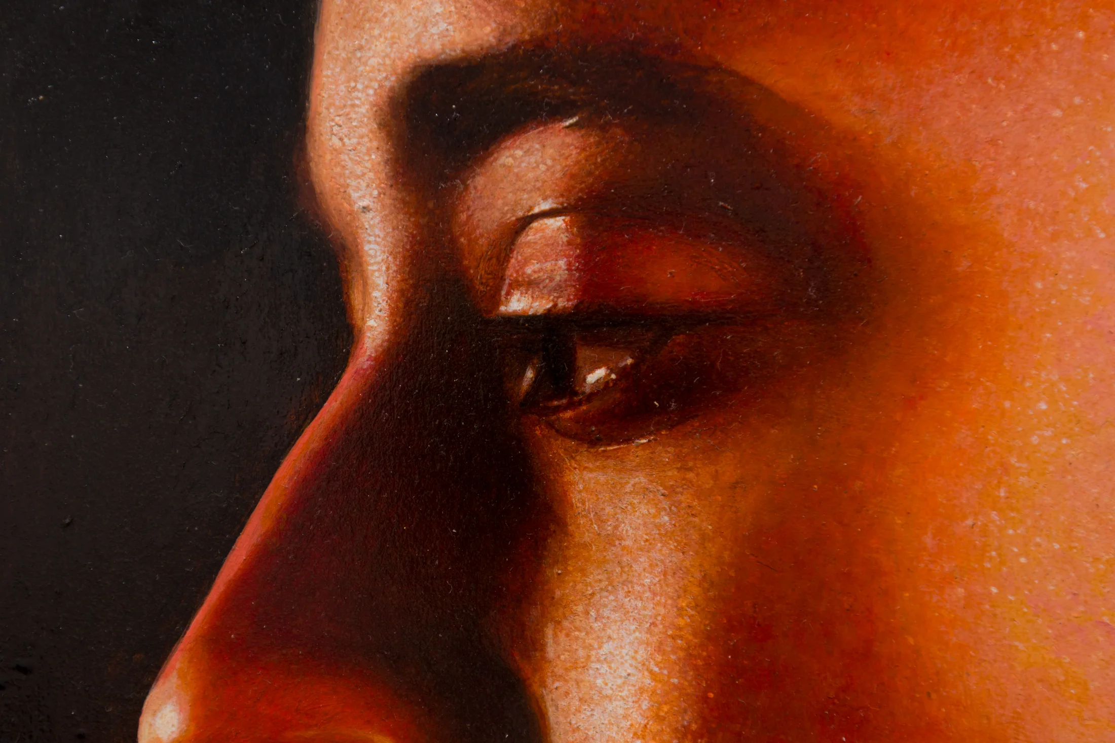A painting by Ki Yoong of the side profile of a young man's face in a steel frame