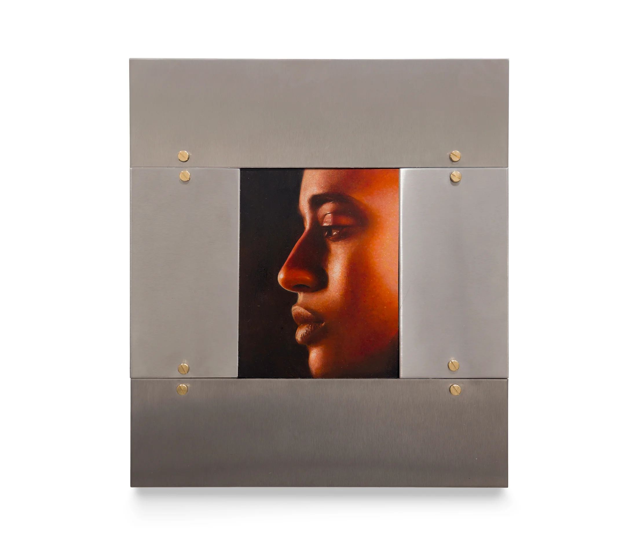 A painting by Ki Yoong of the side profile of a young man's face in a steel frame