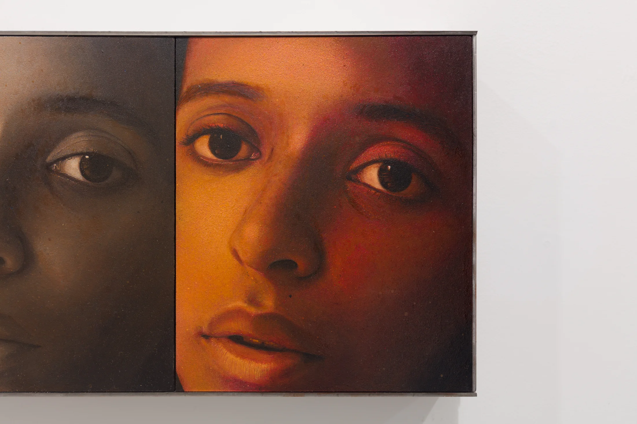 A diptych painting by Ki Yoong of two almost identical portraits of a young woman side by side