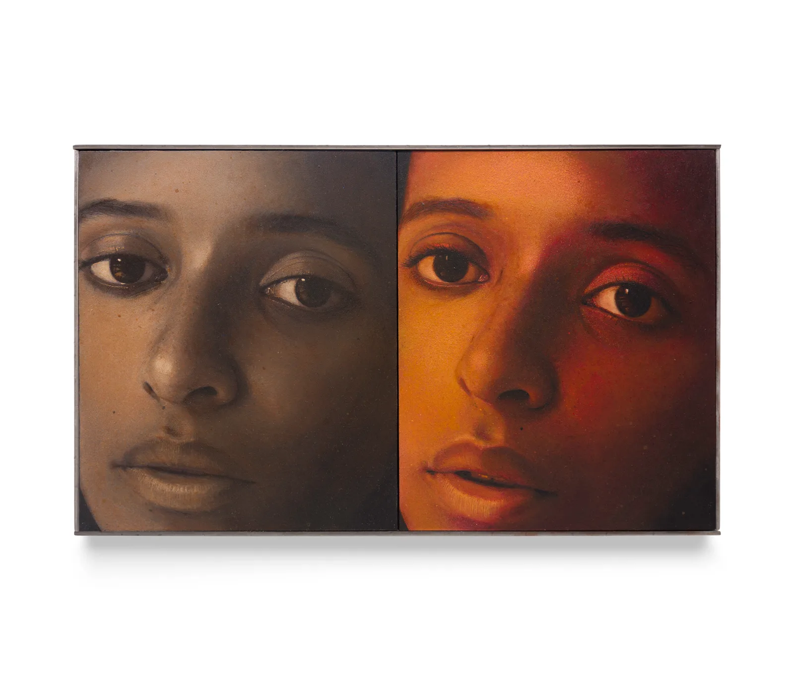 A diptych painting by Ki Yoong of two almost identical portraits of a young woman side by side