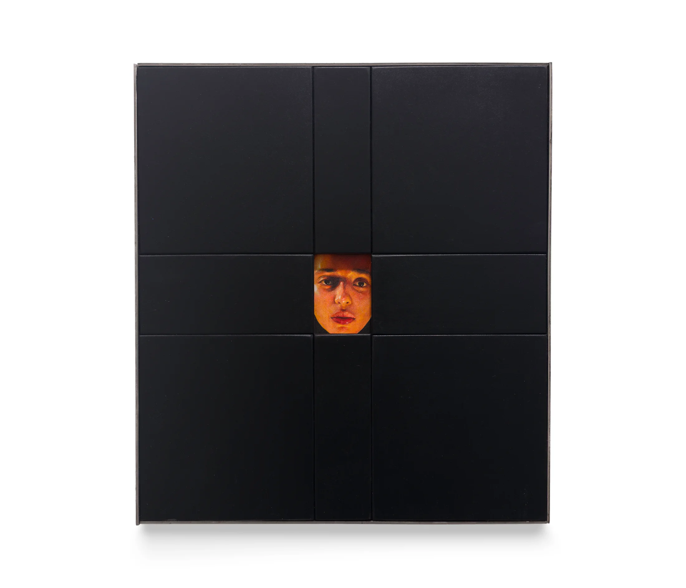A painting by Ki Yoong of a woman's face framed within a large black wooden frame