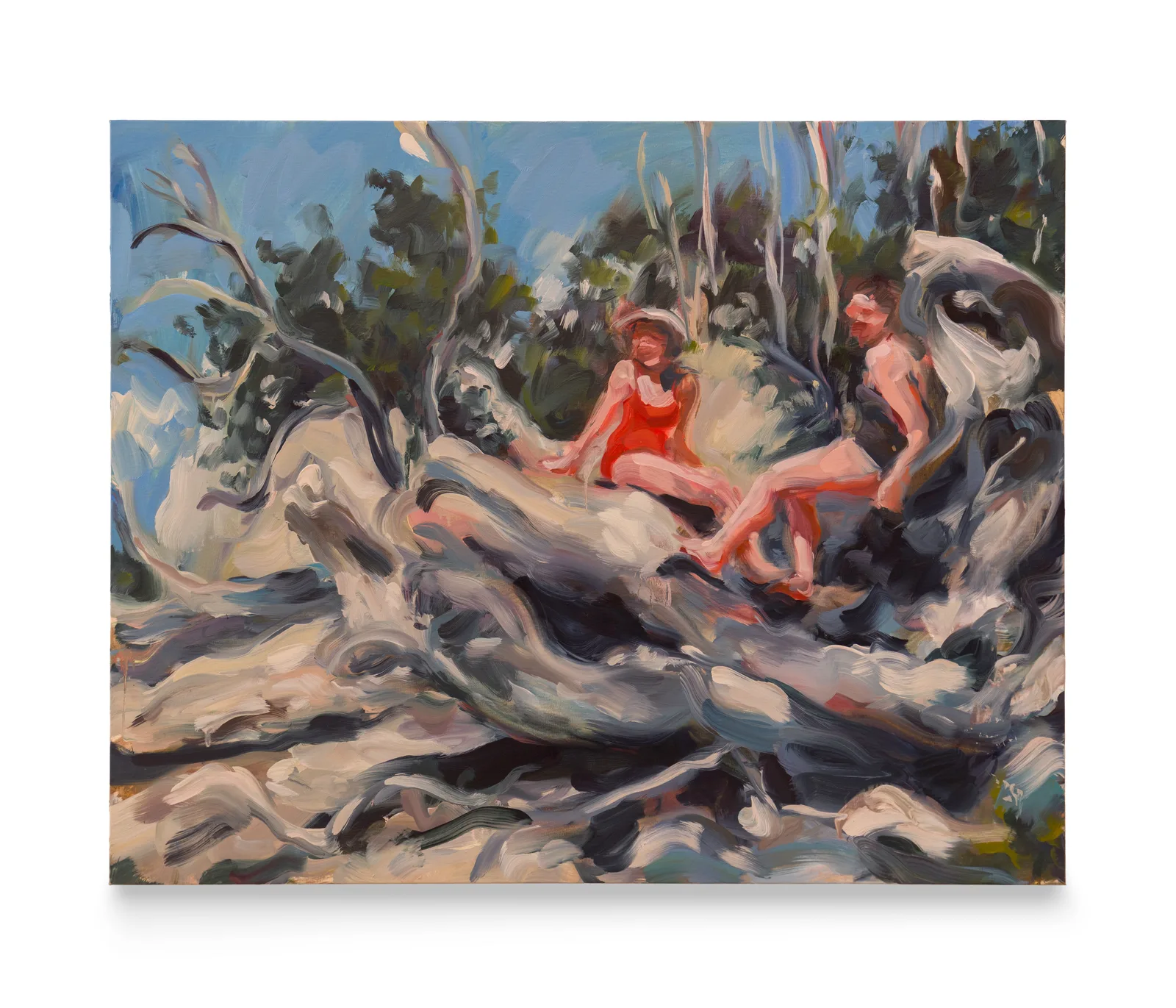 Painting of two women sitting on a rock by Laura Lancaster