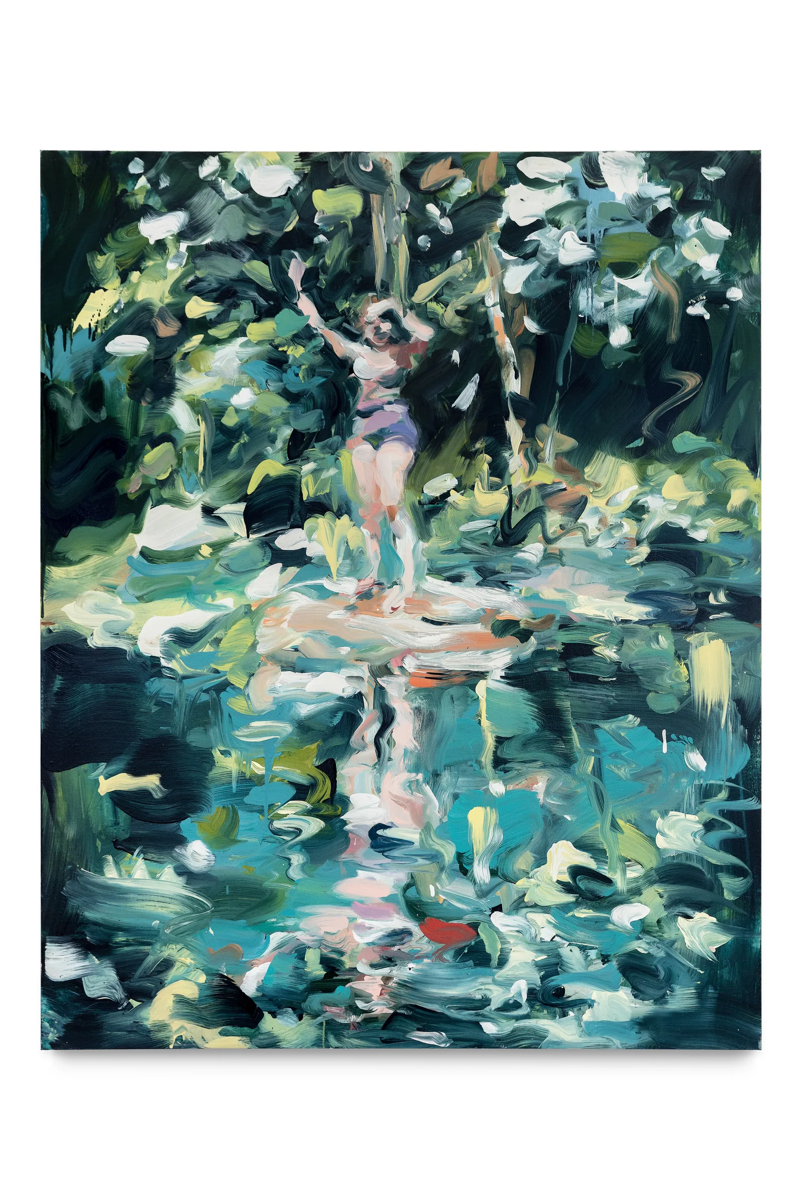 A painting by Laura Lancaster of a woman in front of a pond raising her hand and shielding her eyes 