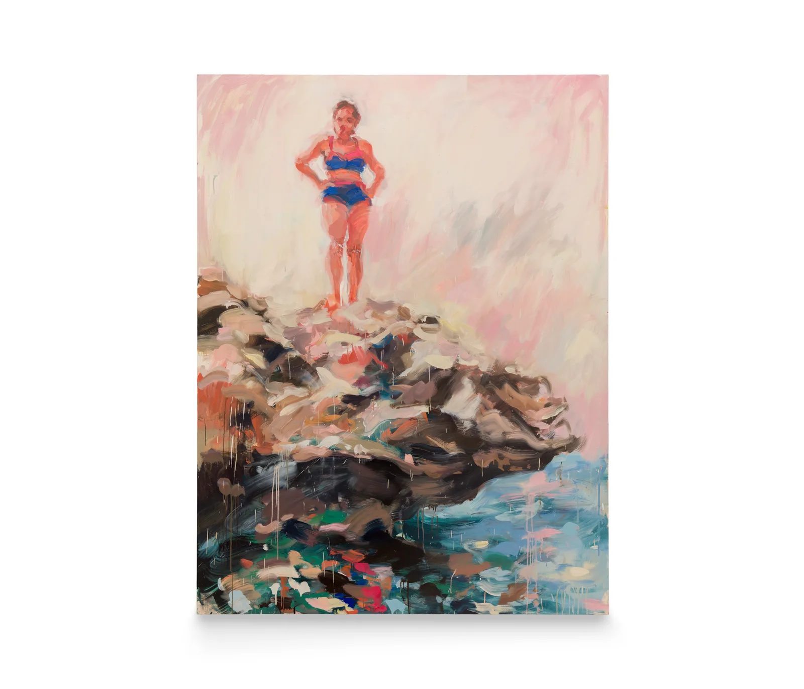 Painting of a woman in a swimsuit standing on a rock by Laura Lancaster