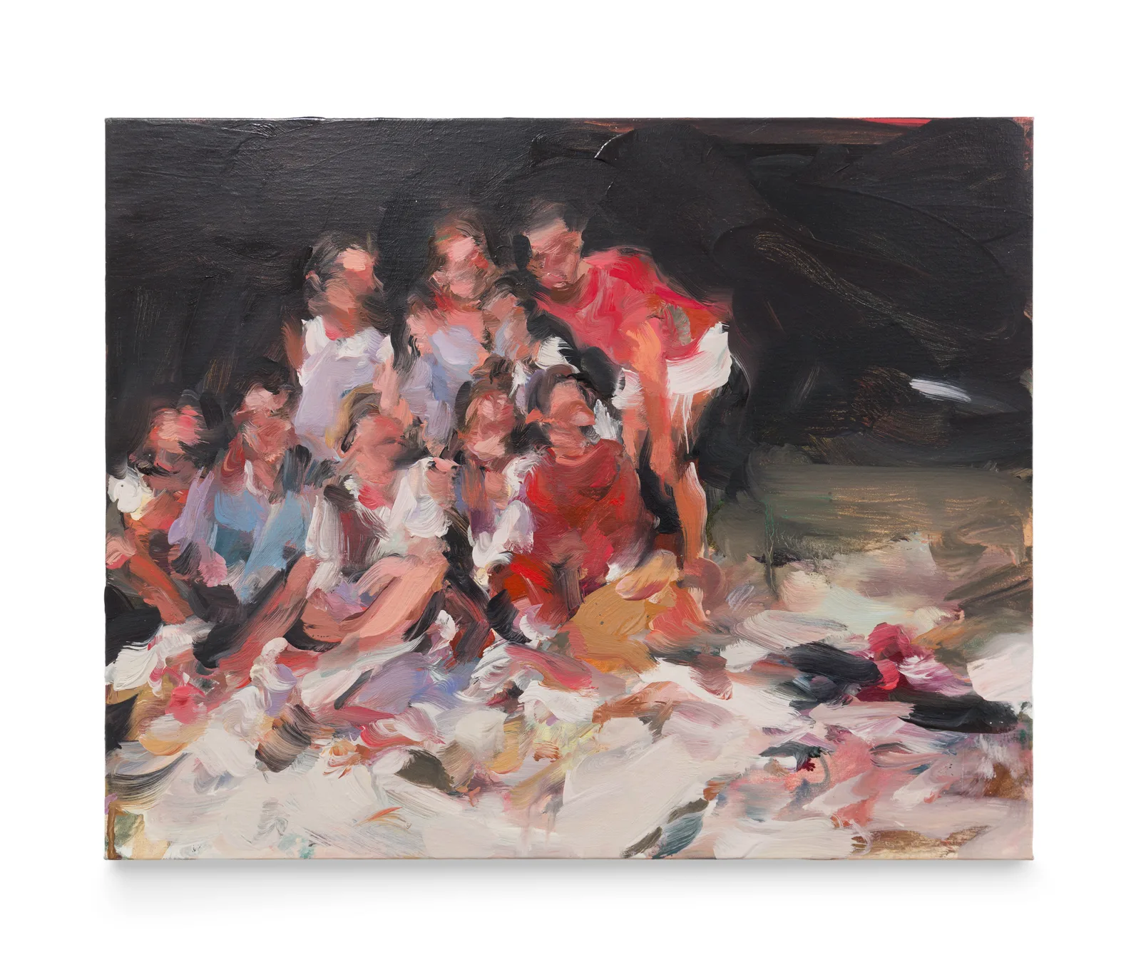 'Tell It Tonight' a painting by Laura Lancaster of a group of people posing for a photograph at night