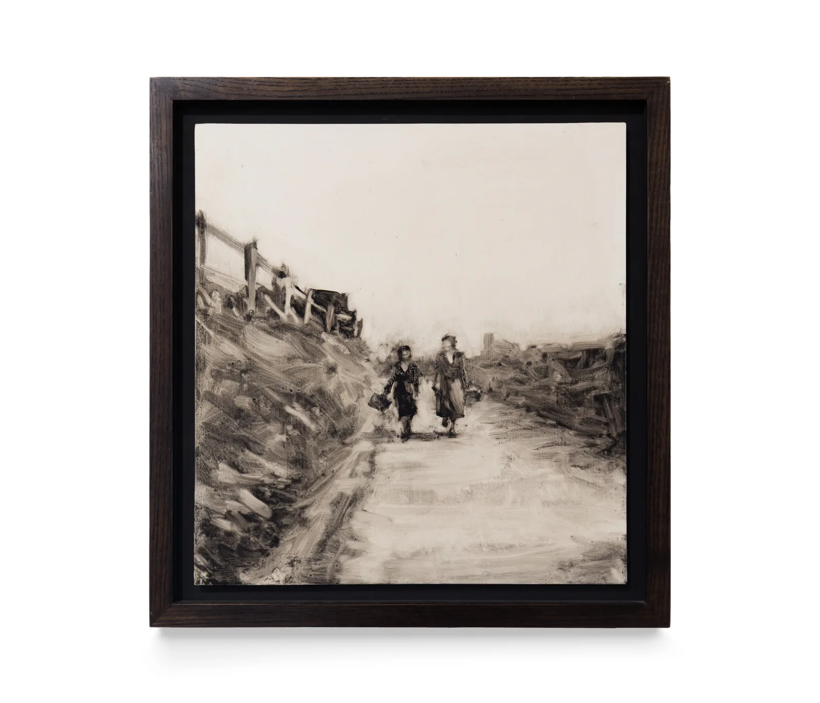 A framed oil on board painting by Laura Lancaster of two women walking along a country path
