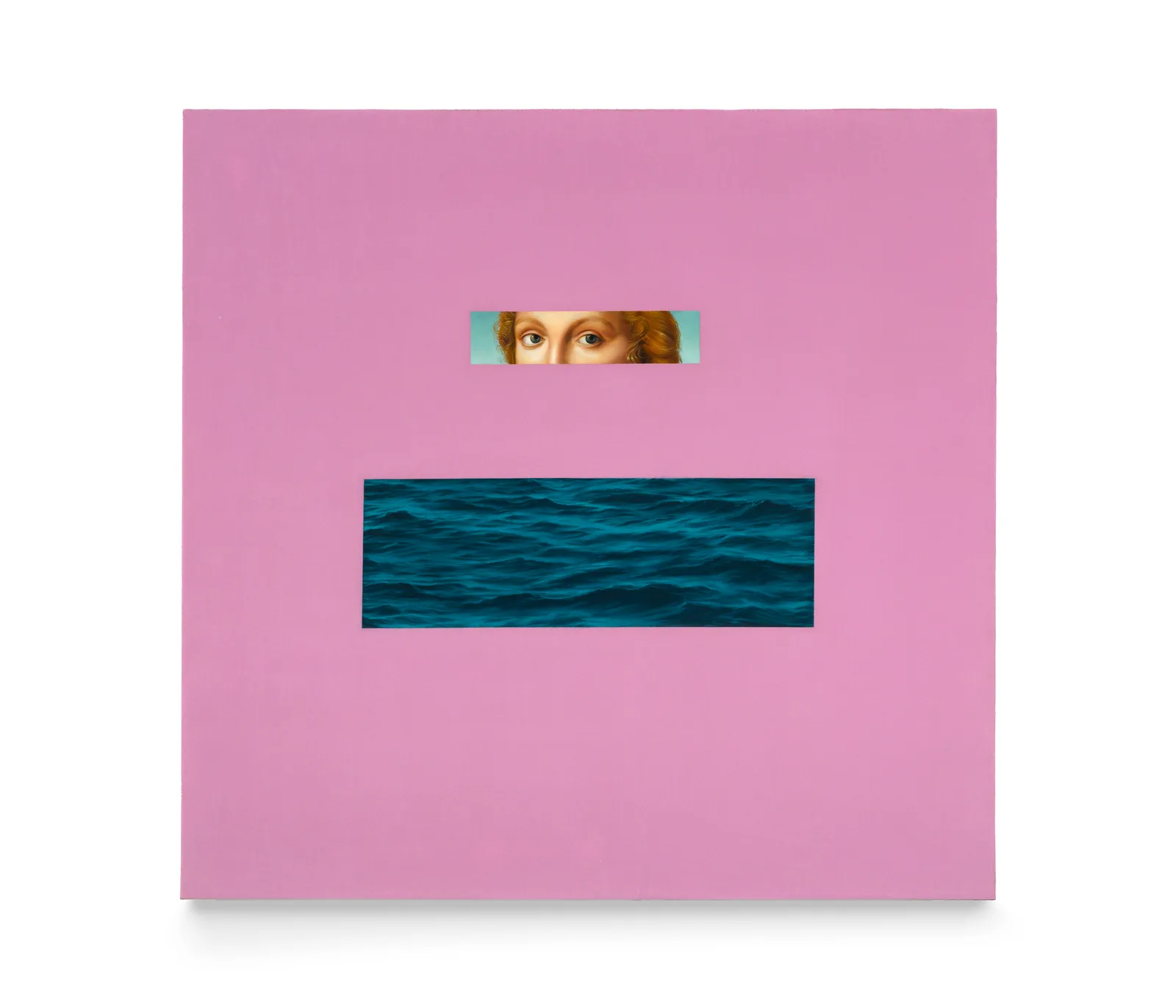 A painting by Meredith Sellers of a pair of cropped women's eyes and a cropped area of the sea