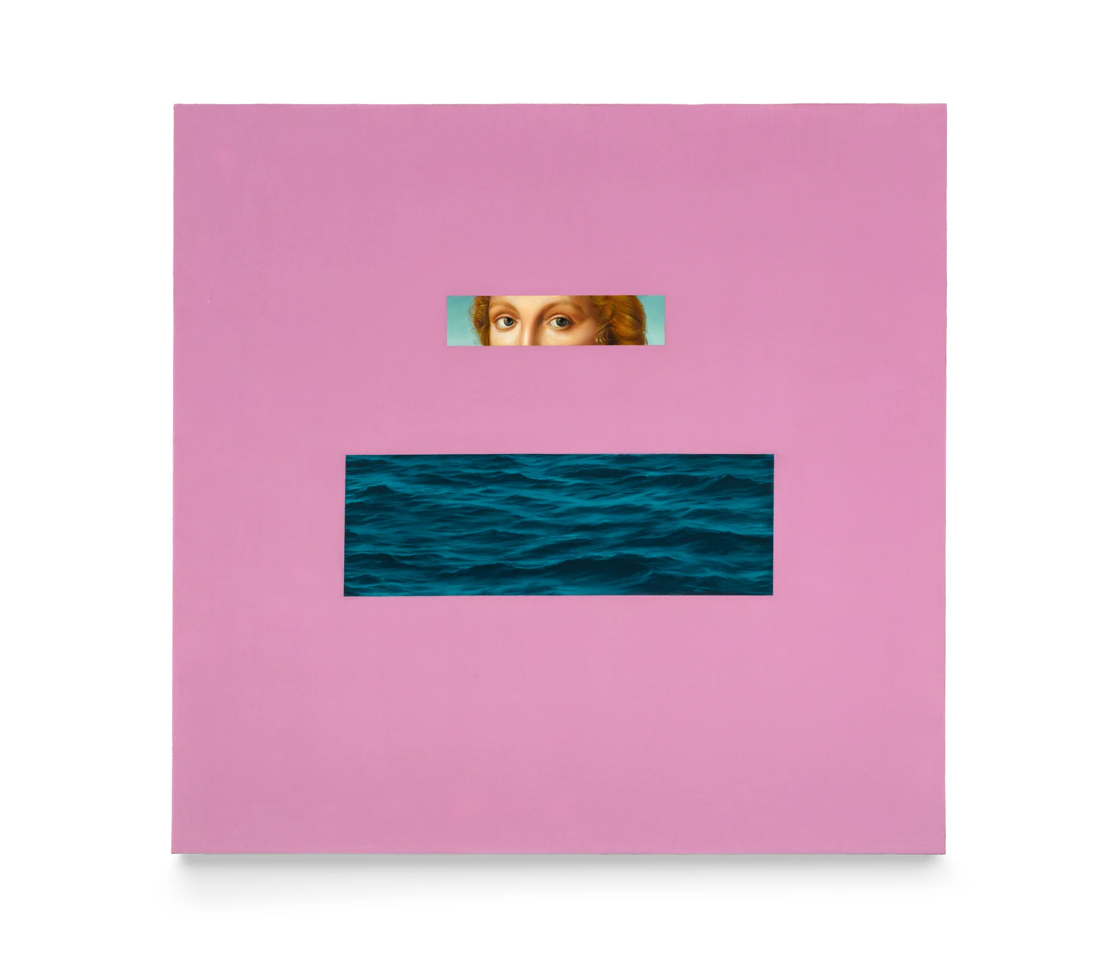 A painting by Meredith Sellers of a pair of cropped women's eyes and a cropped area of the sea