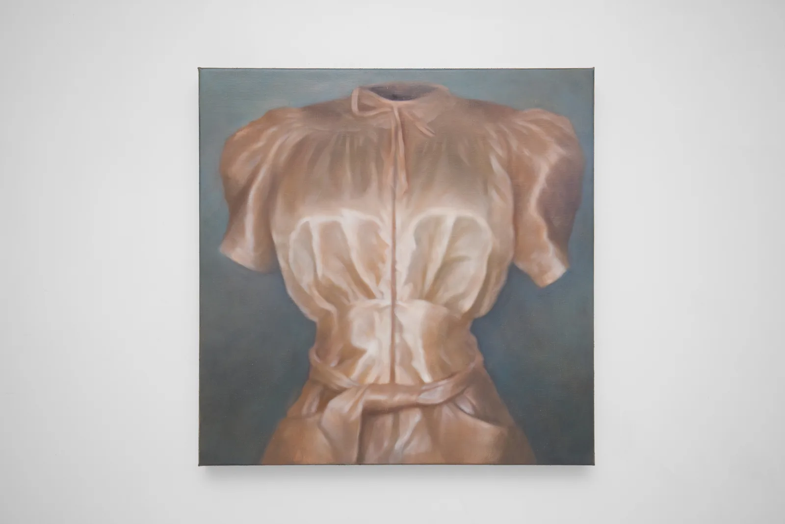 A painting of a pink dress from the front by Wang Pei