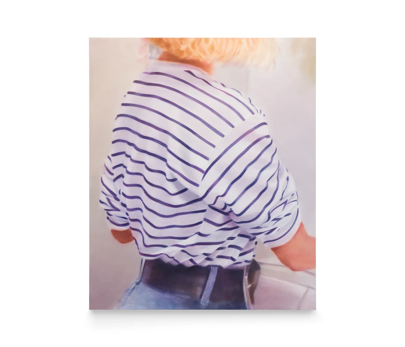 A painting by Rachel Lancaster of a woman wearing a blue and white striped shirt