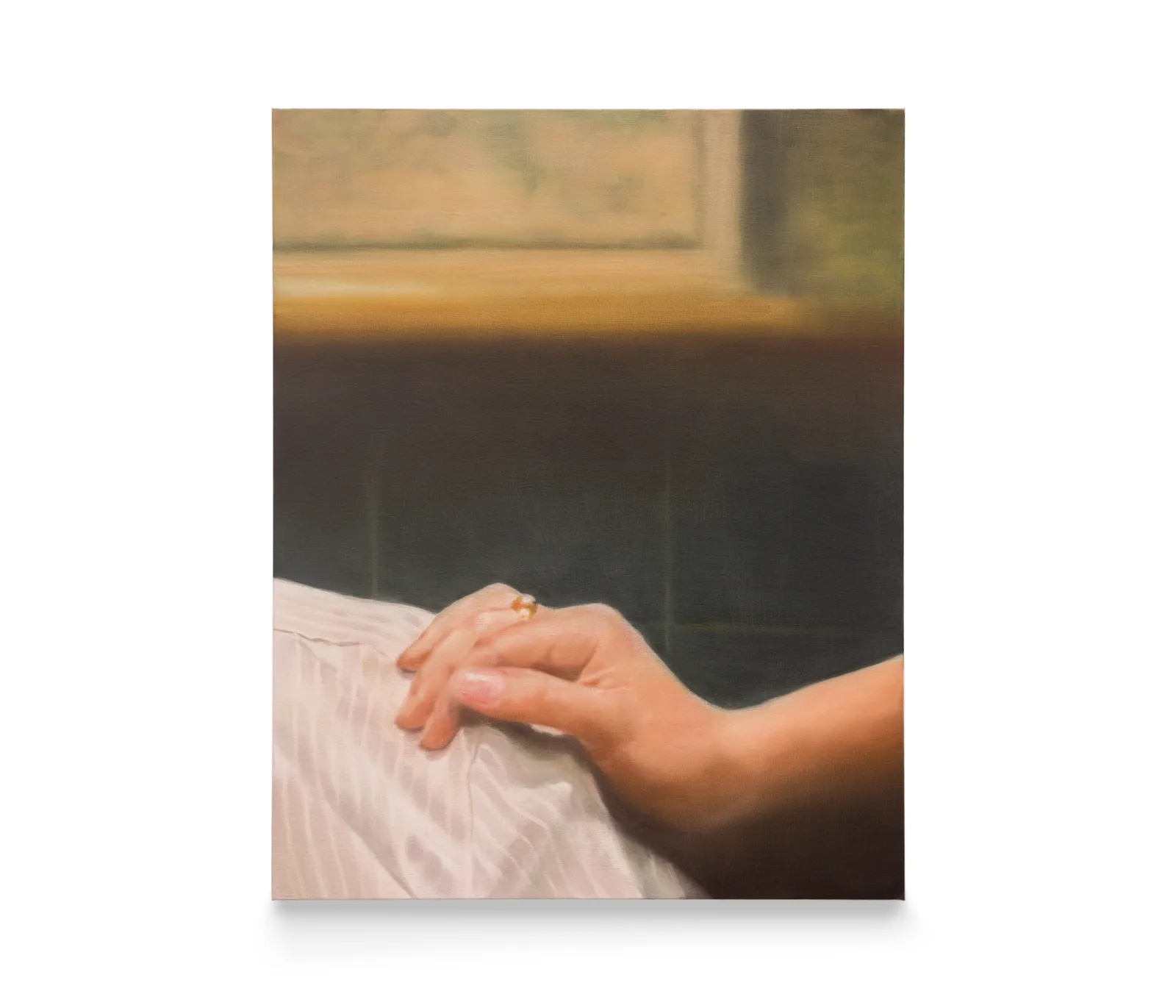A painting by Rachel Lancaster of a hand resting on a light material