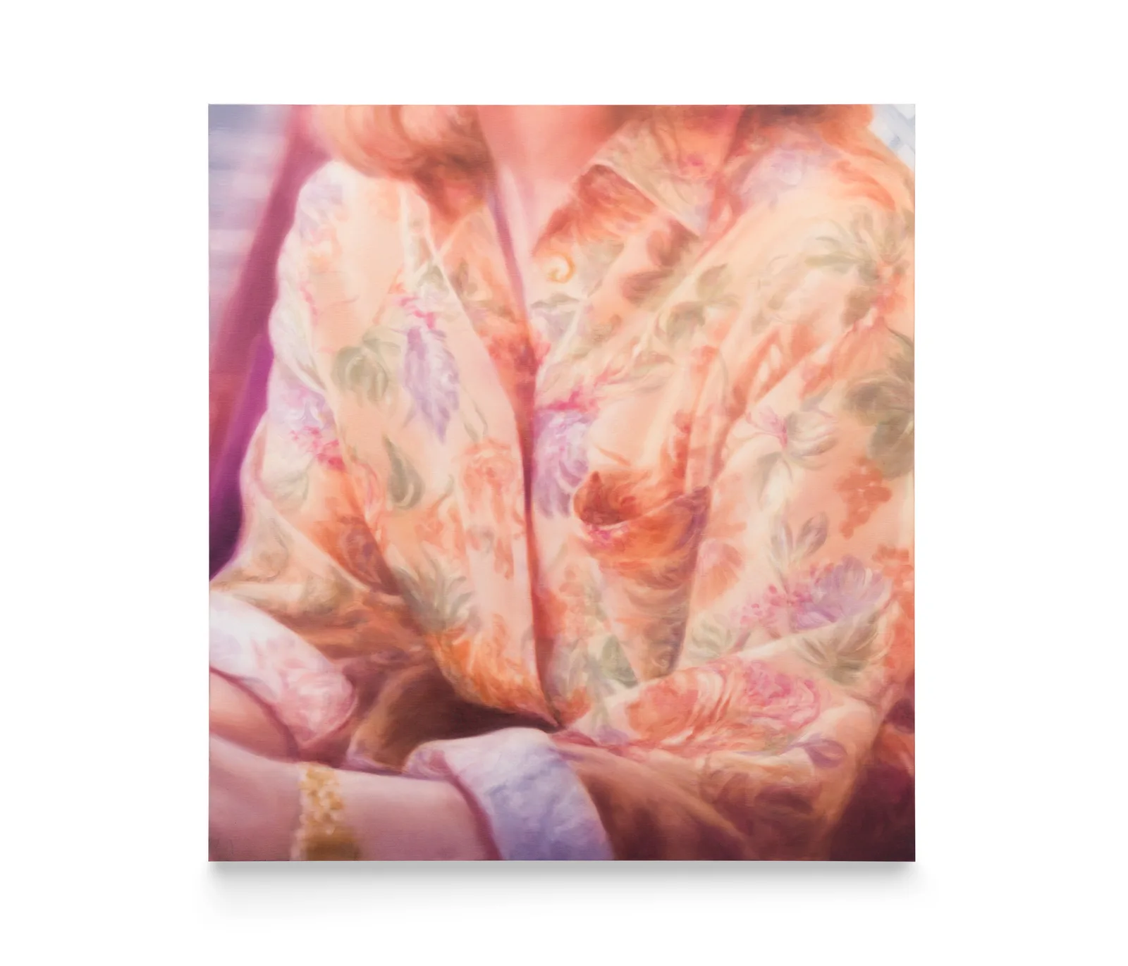 A painting by Rachel Lancaster of a cropped image of a person wearing a highly patterened floral shirt 