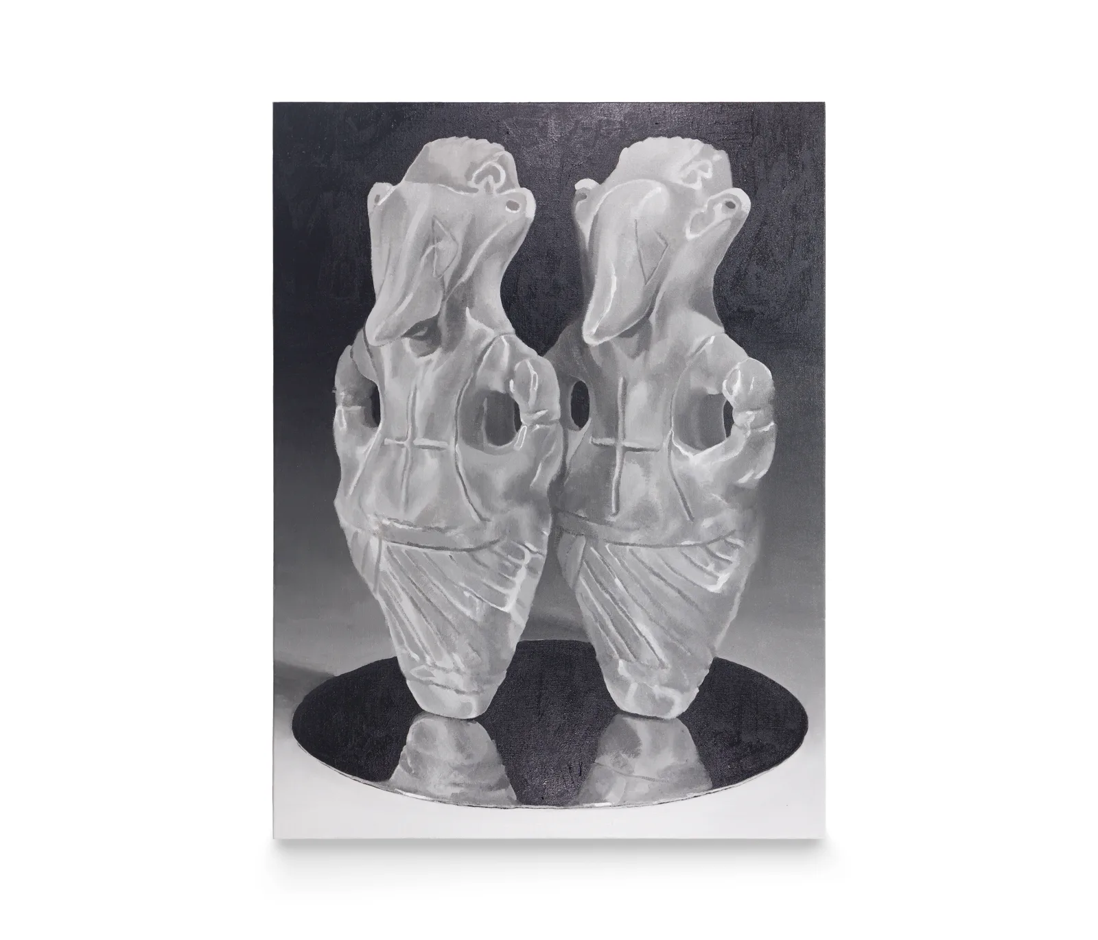 a painting by Robin Megannity of two anthropomorphic, animal like sculptures on a mirror