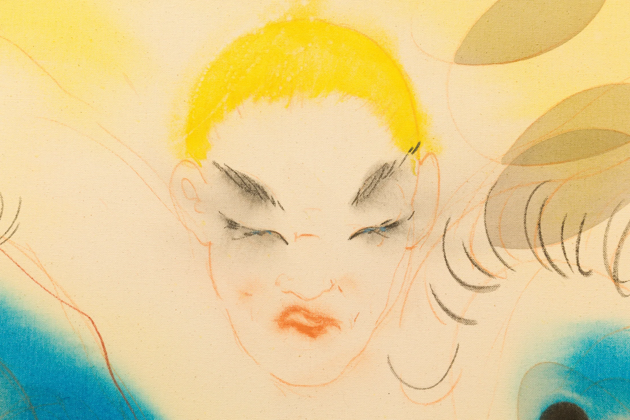 A detail of a work by Zoe Spowage of a young woman holding two blue forms under her arms