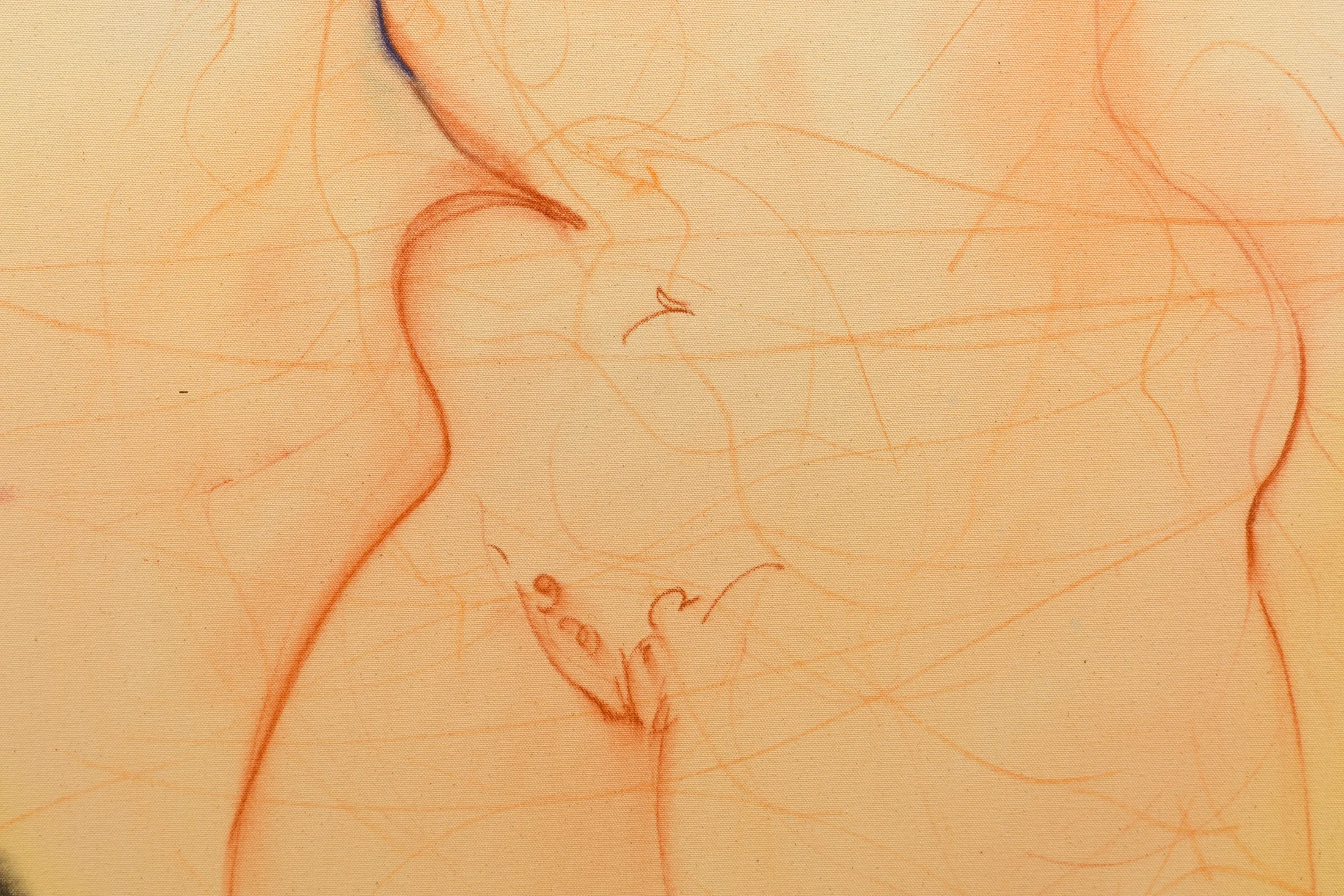 A detail of a work by Zoe Spowage of a young woman holding two blue forms under her arms