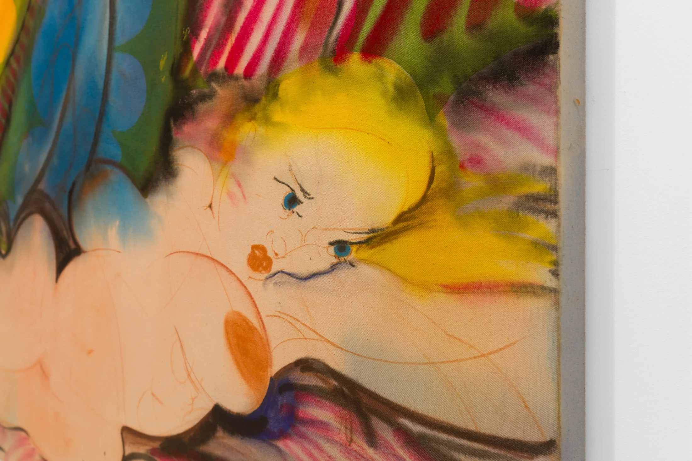 A detail of a painting by Zoe Spowage of a young woman lying down under nebulous colourful forms