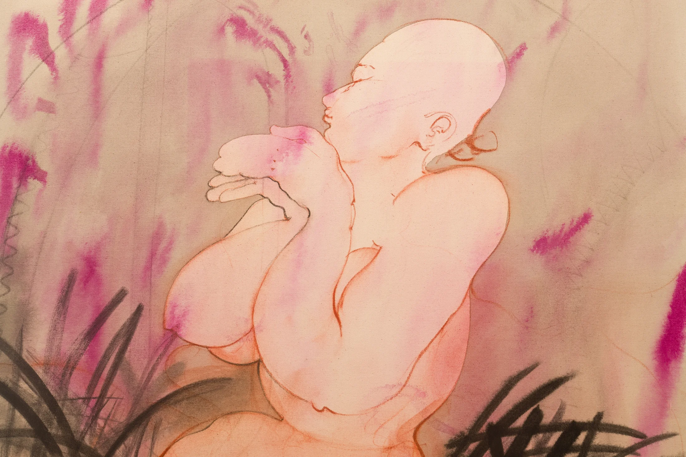A detail of a work by Zoe Spowage of a young man standing around gestural pastel marks
