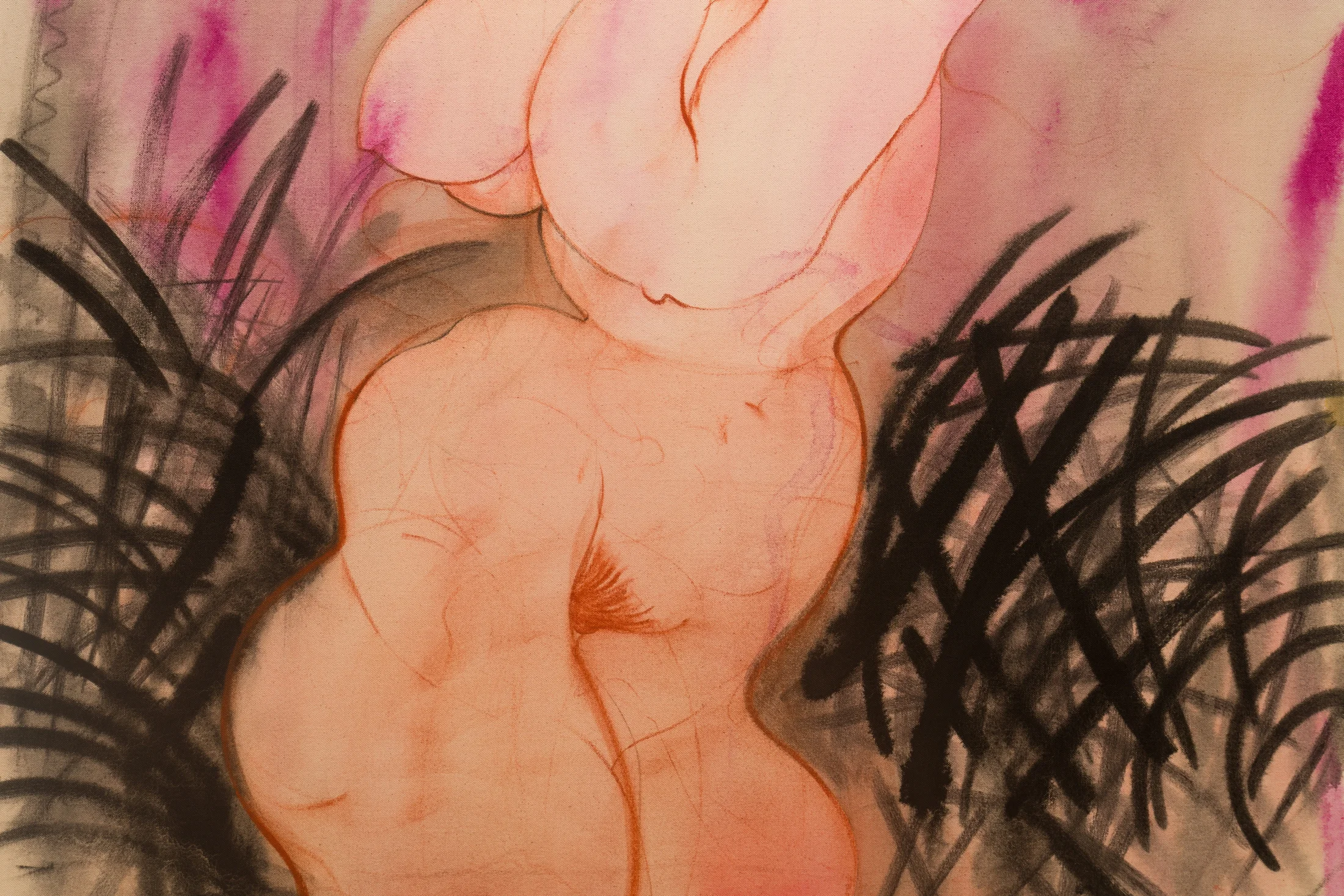 A detail of a work by Zoe Spowage of a young man standing around gestural pastel marks