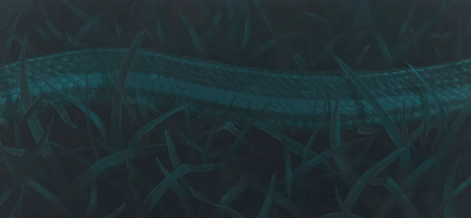 a painting in dark green of a snake in the grass by Sarah Schlesinger