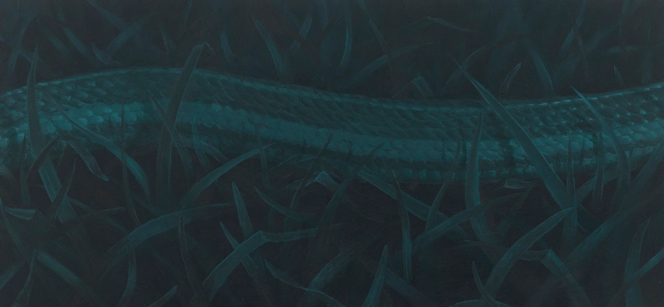 a painting in dark green of a snake in the grass by Sarah Schlesinger