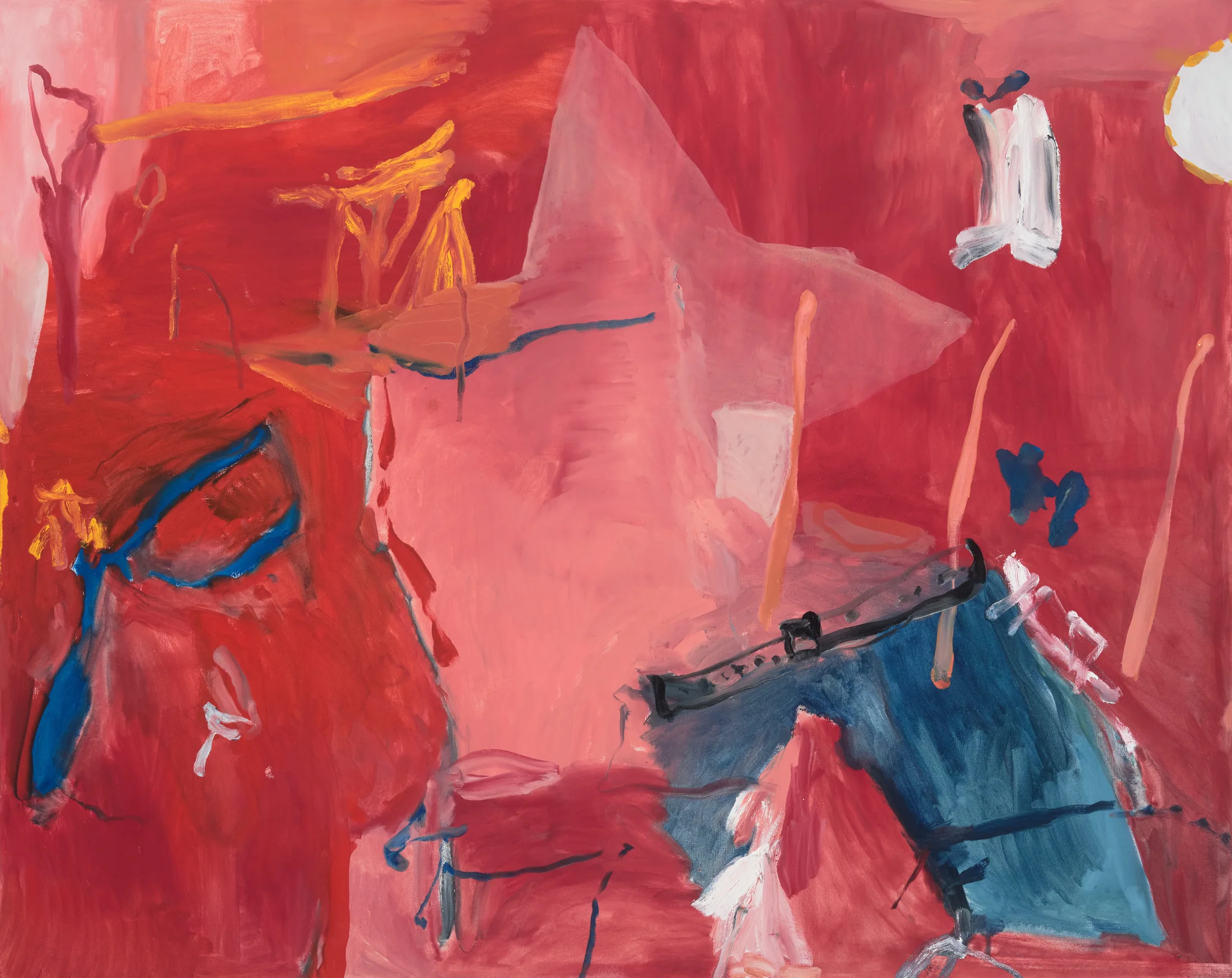crop of b chehayeb's painting 'jncos at the quinceanera' a large red abstract painting