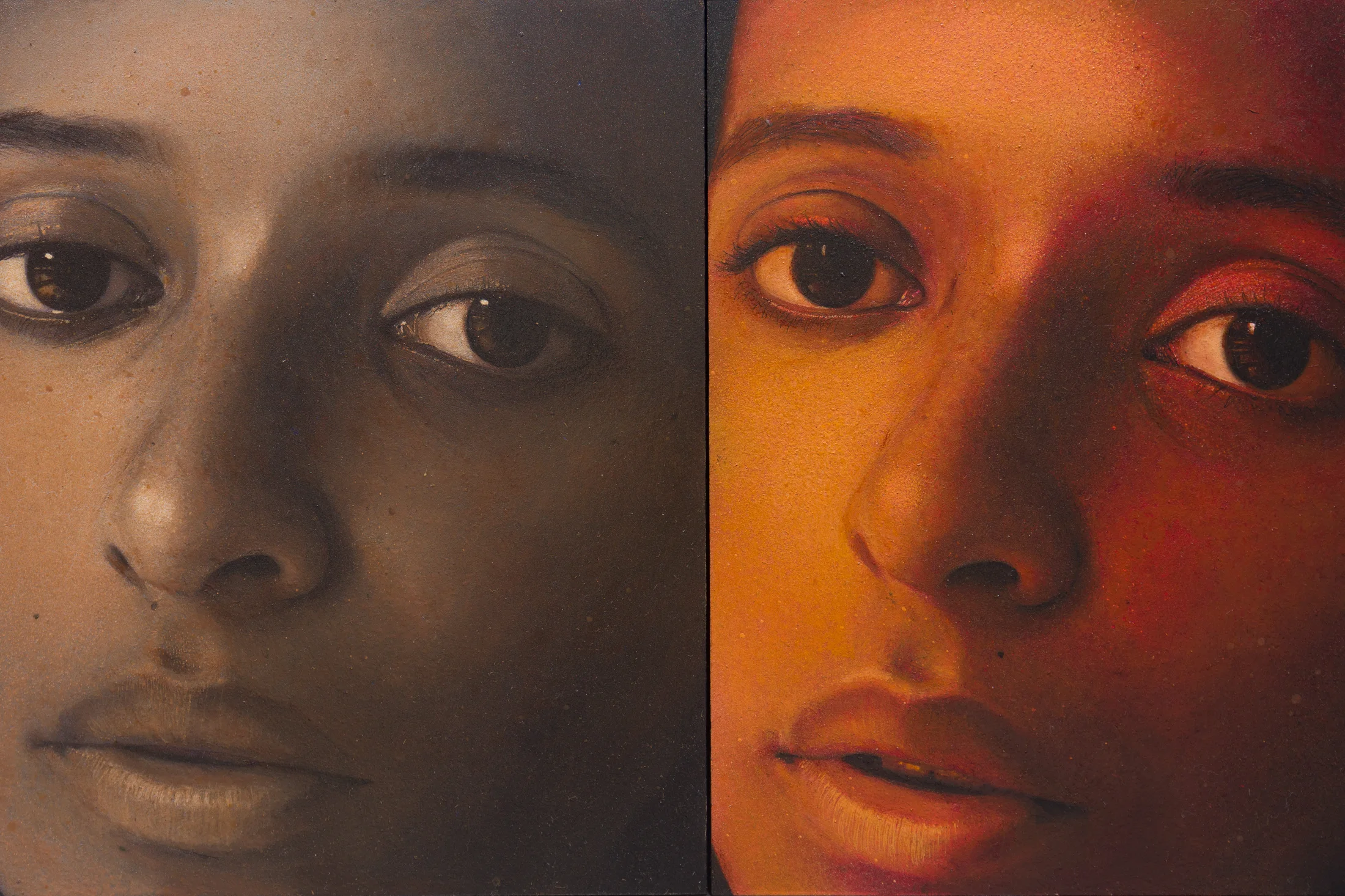 A painting by Ki Yoong of two near identical images of of the same female face, one colour less saturated.