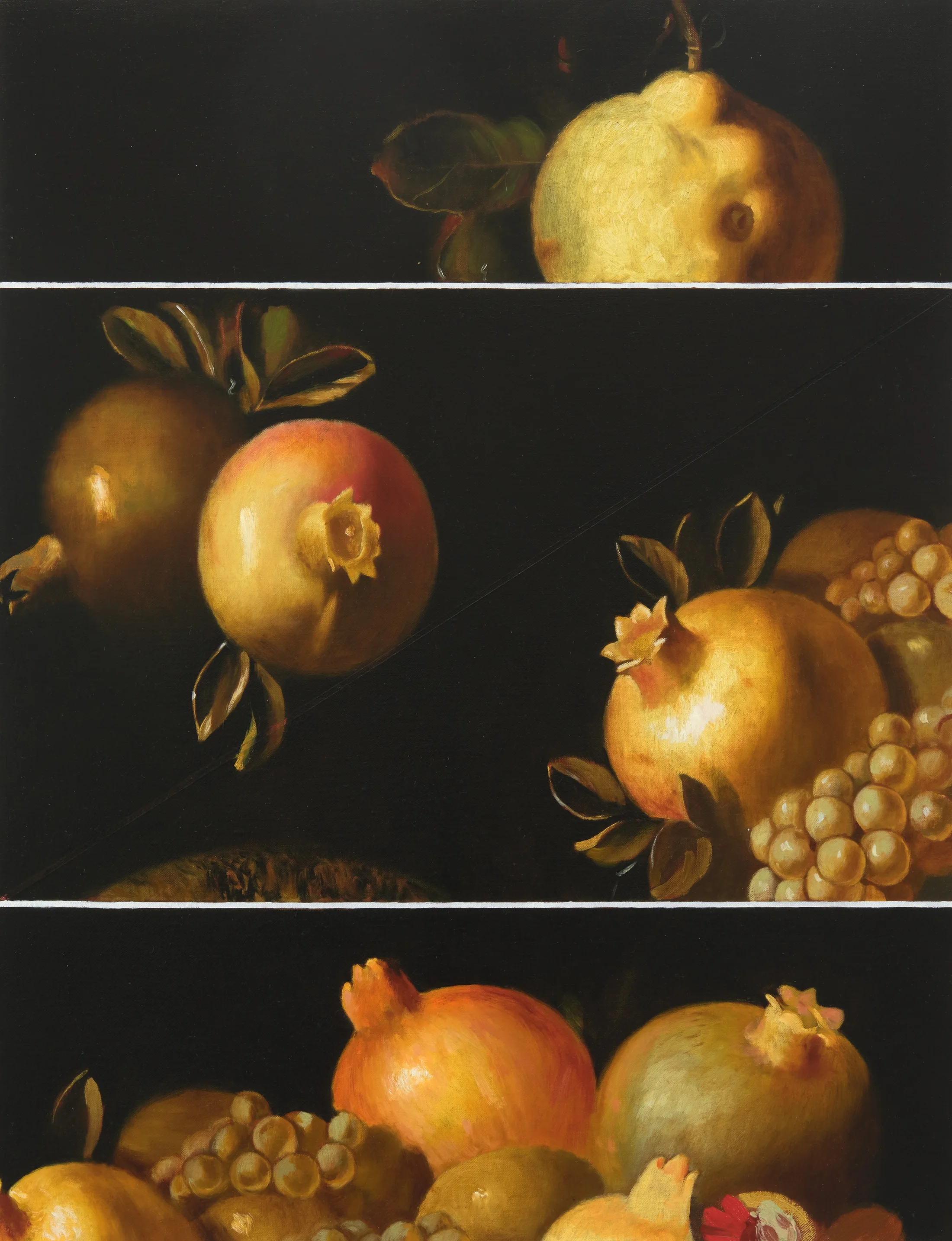 Robin Megannity's painting 'on oath', 2023 Oil on linen 67 x 51 cm 26 3/8 x 20 1/8 in: a glitched painting of a Dutch still life painting