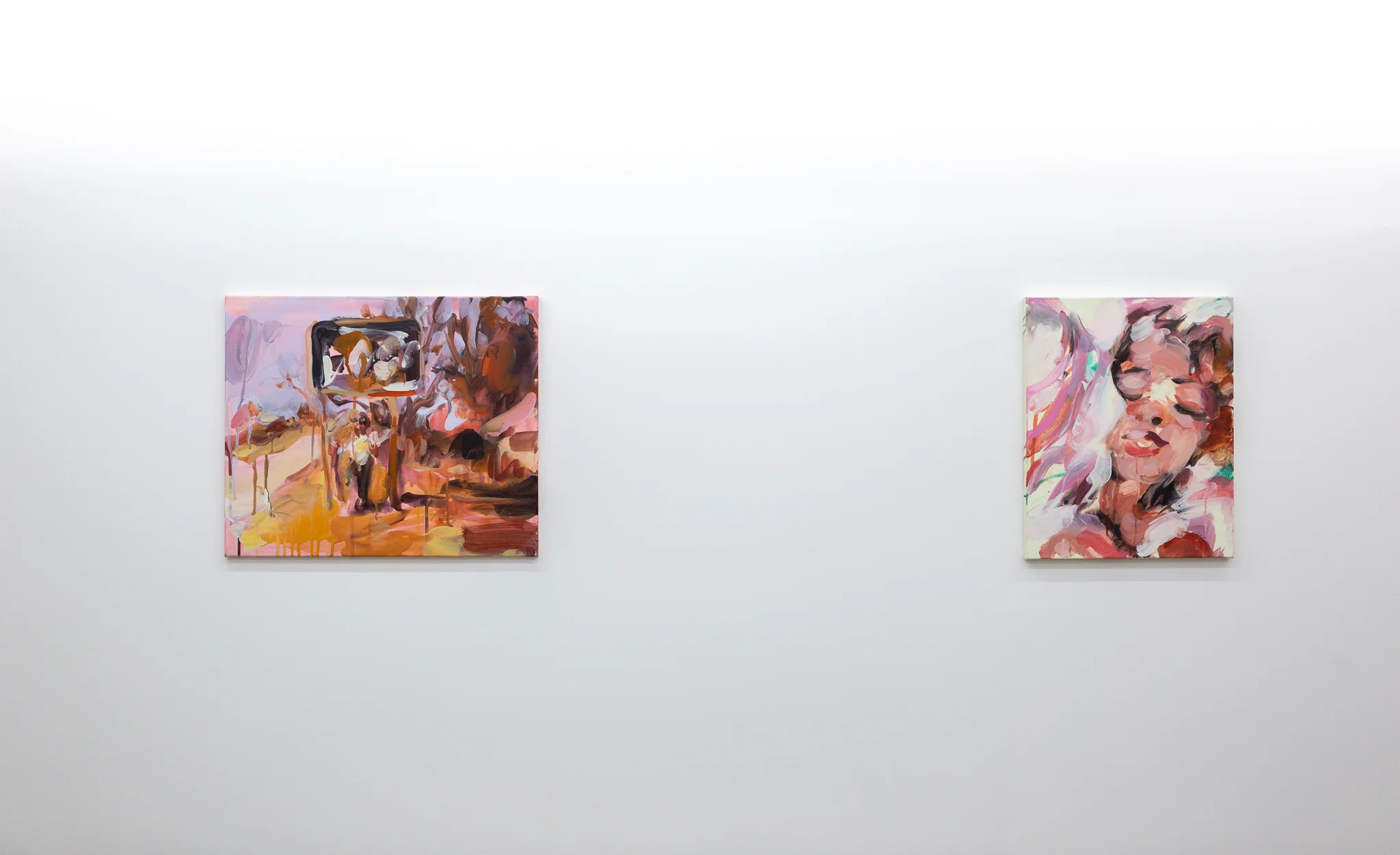 Installation shots of Laura Lancaster's solo show at Workplace London. Close up crop paintings of sleeping women and figures in landscapes, loosely painted.