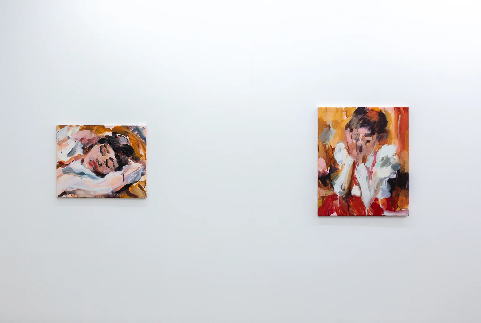 Installation shots of Laura Lancaster's solo show at Workplace London. Close up crop paintings of sleeping women and figures in landscapes, loosely painted.