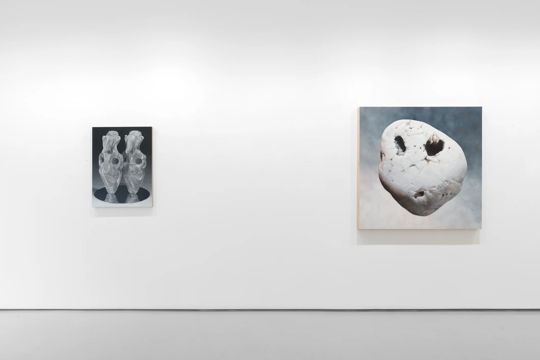 Installation view of the group exhibition Cold Feed at Workplace London including paintings and floor based sculpture