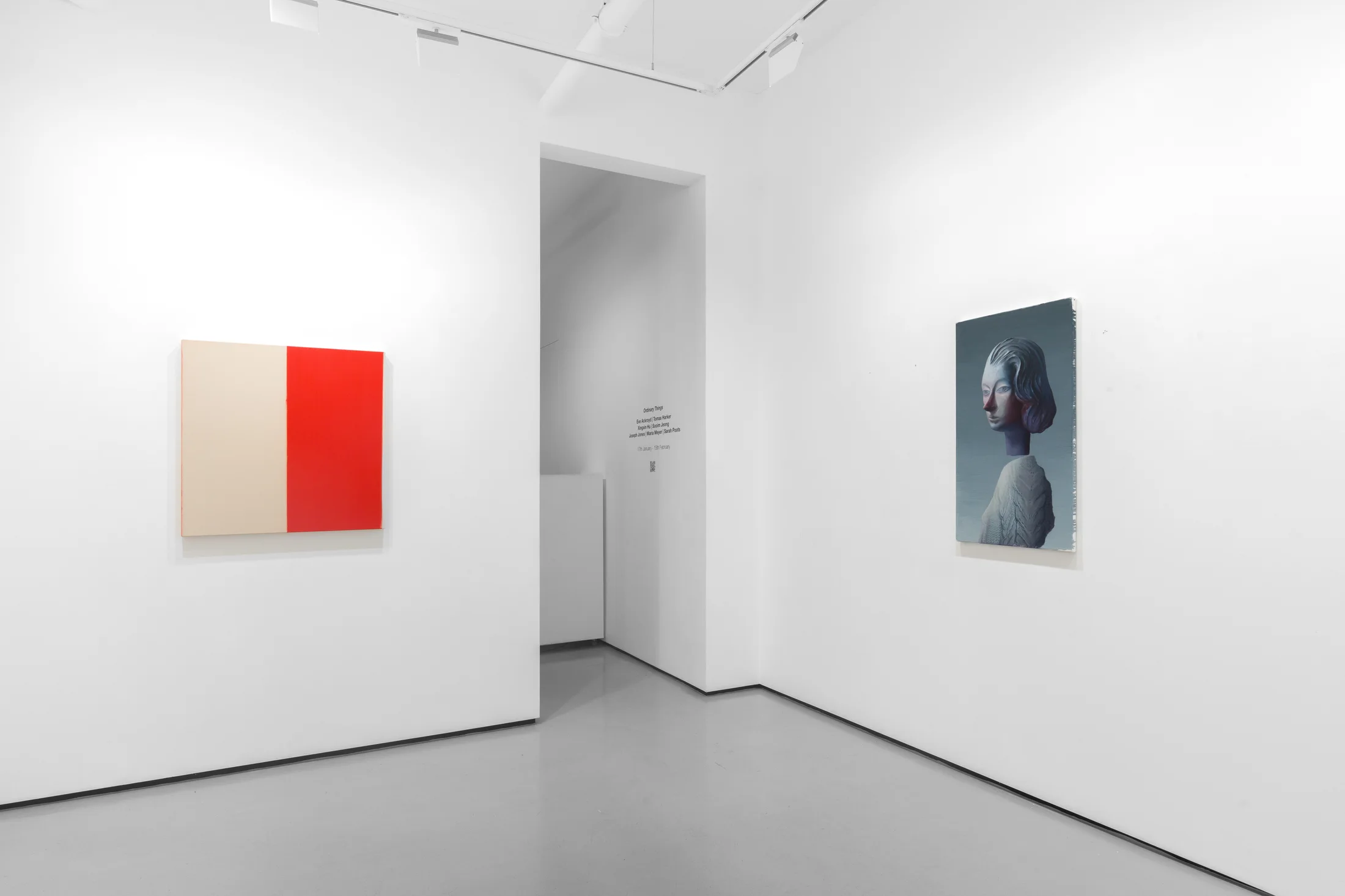 Installation view of the group exhibition Cold Feed at Workplace London including paintings and floor based sculpture