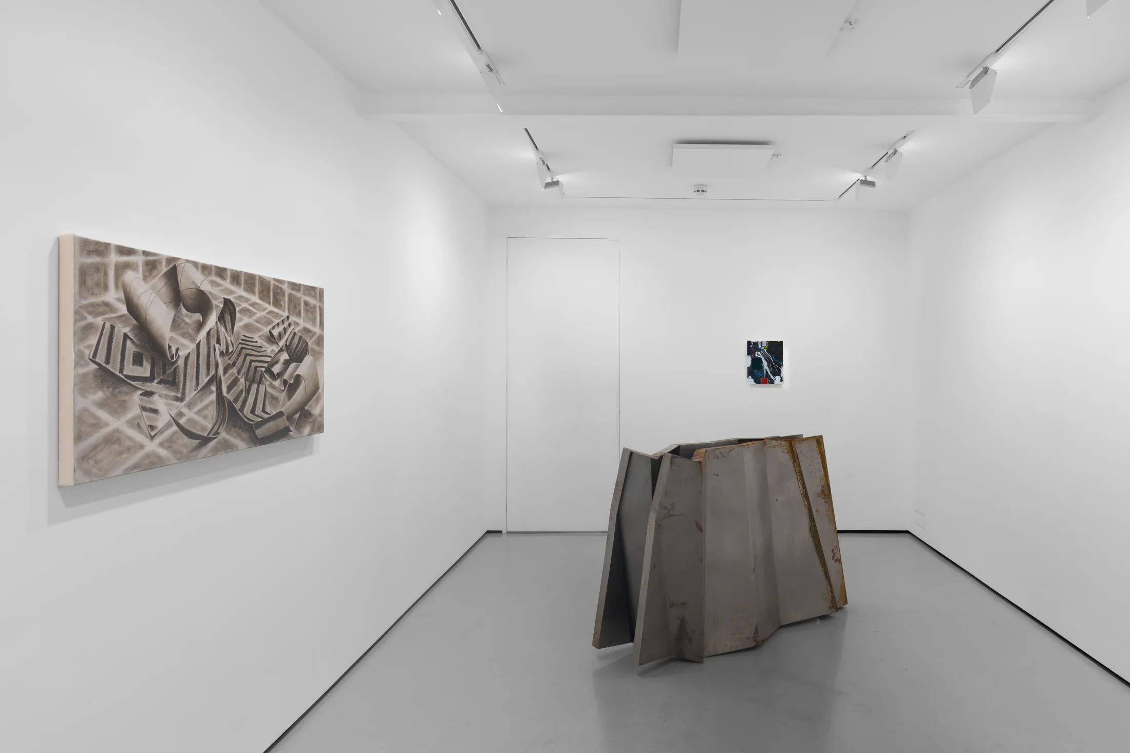 Installation view of the group exhibition Cold Feed at Workplace London including paintings and floor based sculpture