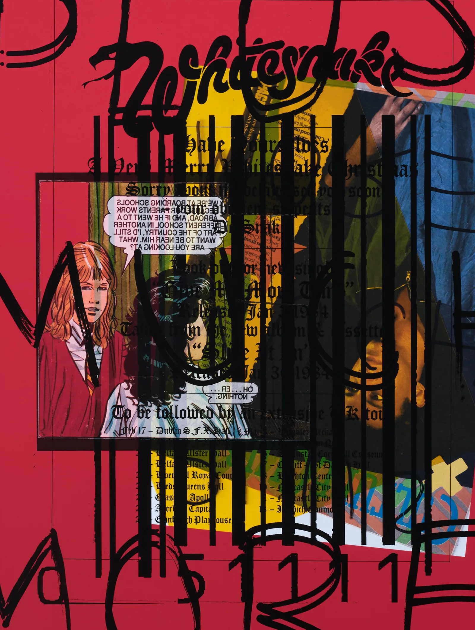 a detail image of 'Chips on My Shoulders' a brightly coloured collage by Simeon Barclay. Comic strips, pop culture imagery and bar codes are overlaid to create a colourful montage.  