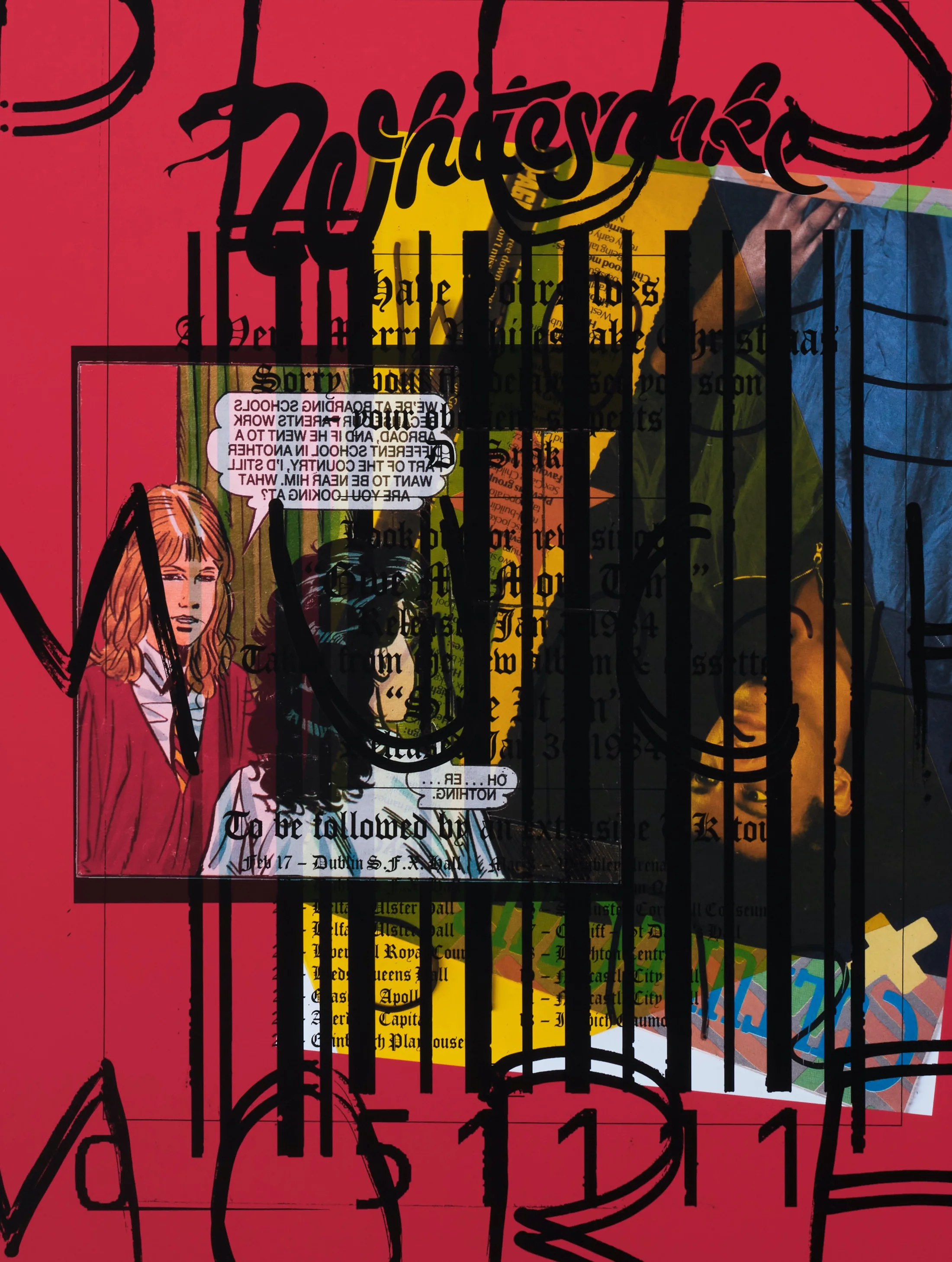 a detail image of 'Chips on My Shoulders' a brightly coloured collage by Simeon Barclay. Comic strips, pop culture imagery and bar codes are overlaid to create a colourful montage.  